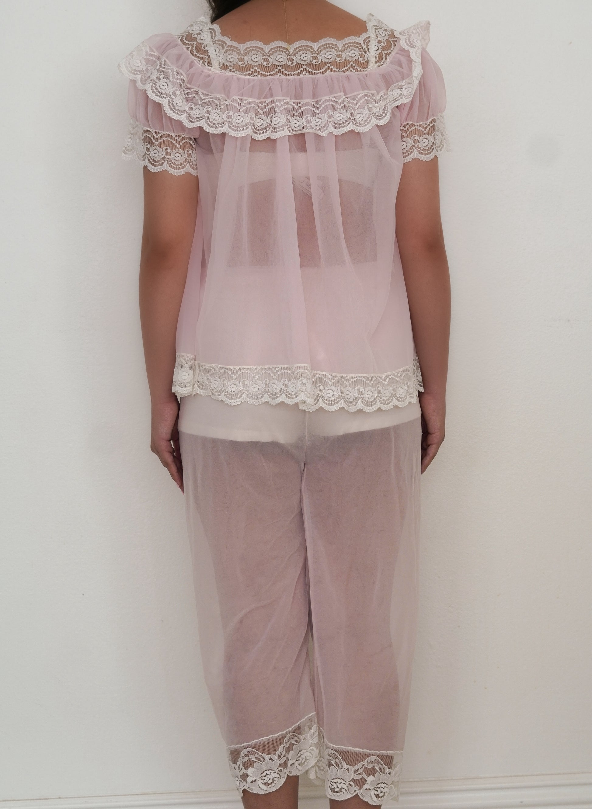 Authentic 1950s Pink Sheer Nylon Babydoll & Pants Peignoir Set Size: S