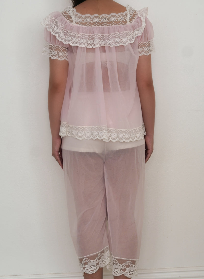 Authentic 1950s Pink Sheer Nylon Babydoll & Pants Peignoir Set Size: S