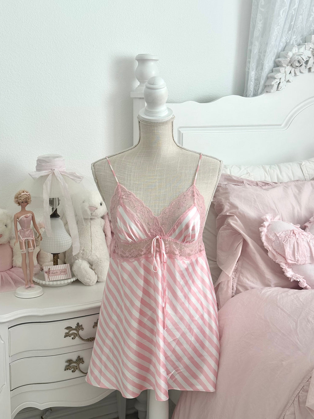 Vintage 2011 Victoria’s Secret Pink & White Striped Lace Slip Dress Size: L