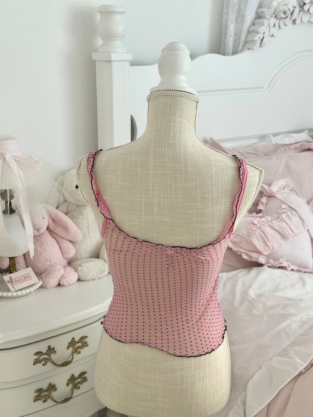 Vintage 2004 VS pink sheer black polka dot cami size S