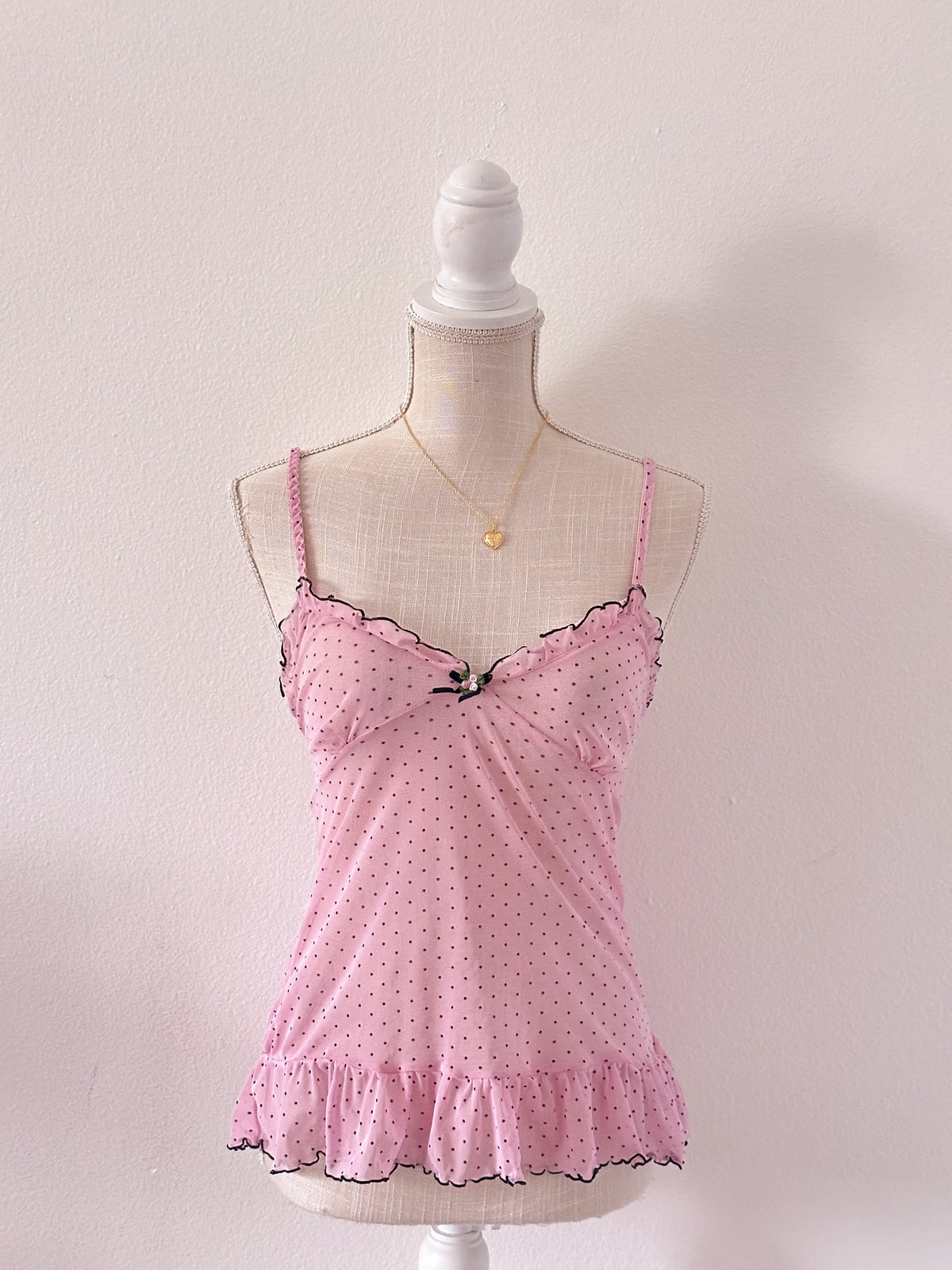 Vintage Y2K pink sheer polkadot cami top Size: M