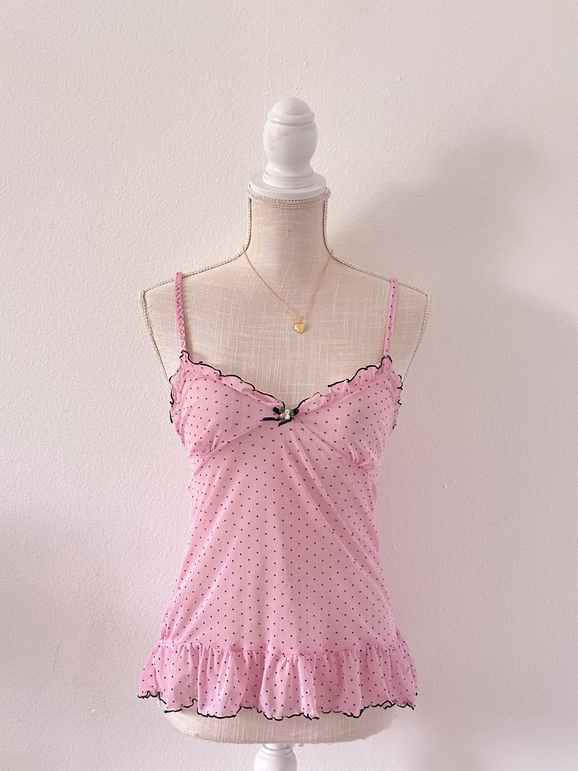 Vintage Y2K pink sheer polkadot cami top Size: M