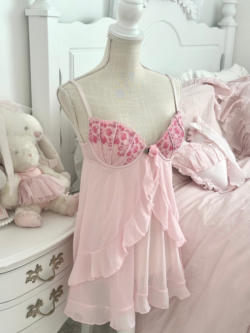 Vintage Delicates Pink Lace Ruffle Babydoll Slip Dress Size M