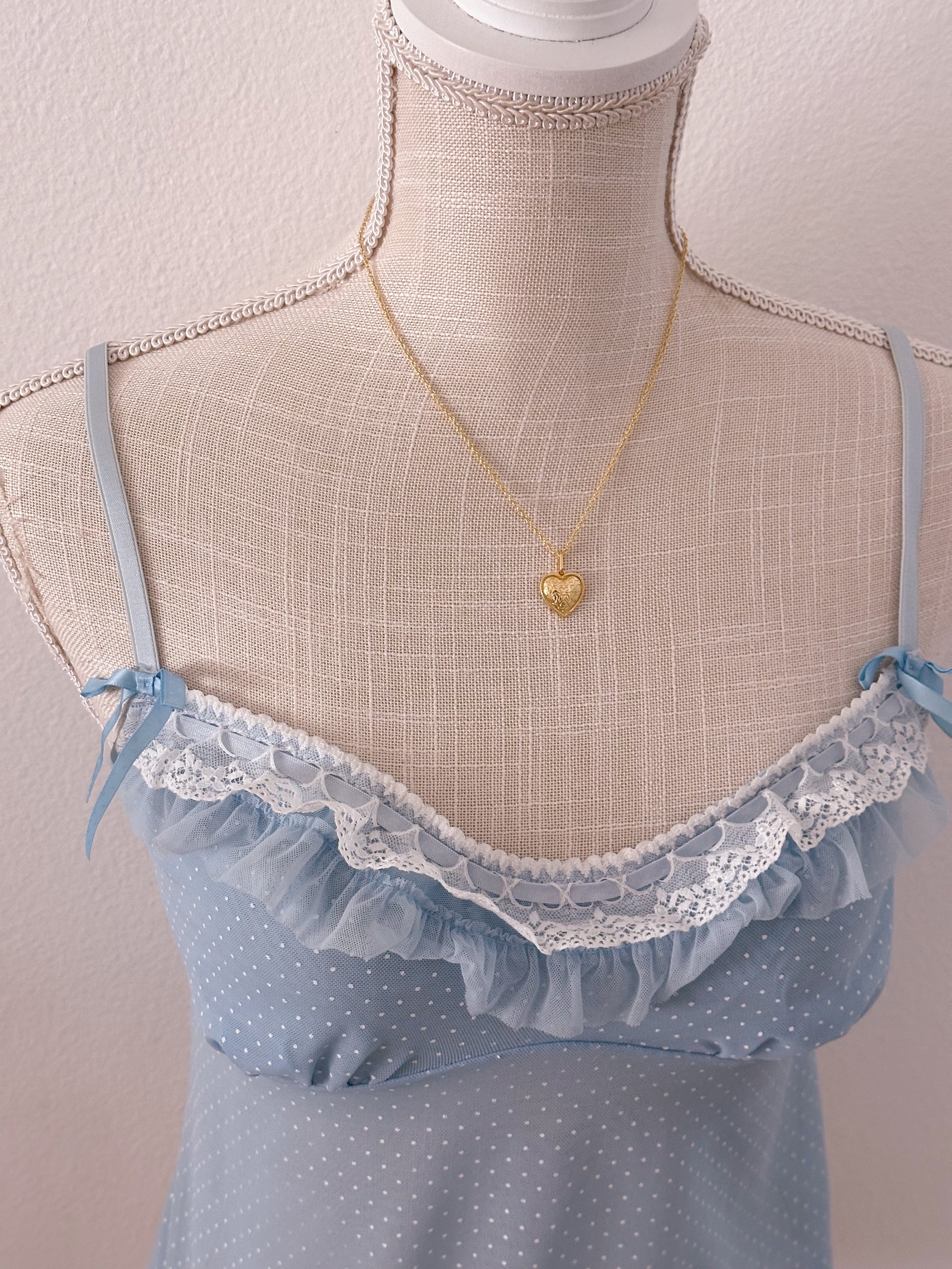Vintage blue ruffle sheer polka dot cami top size: S
