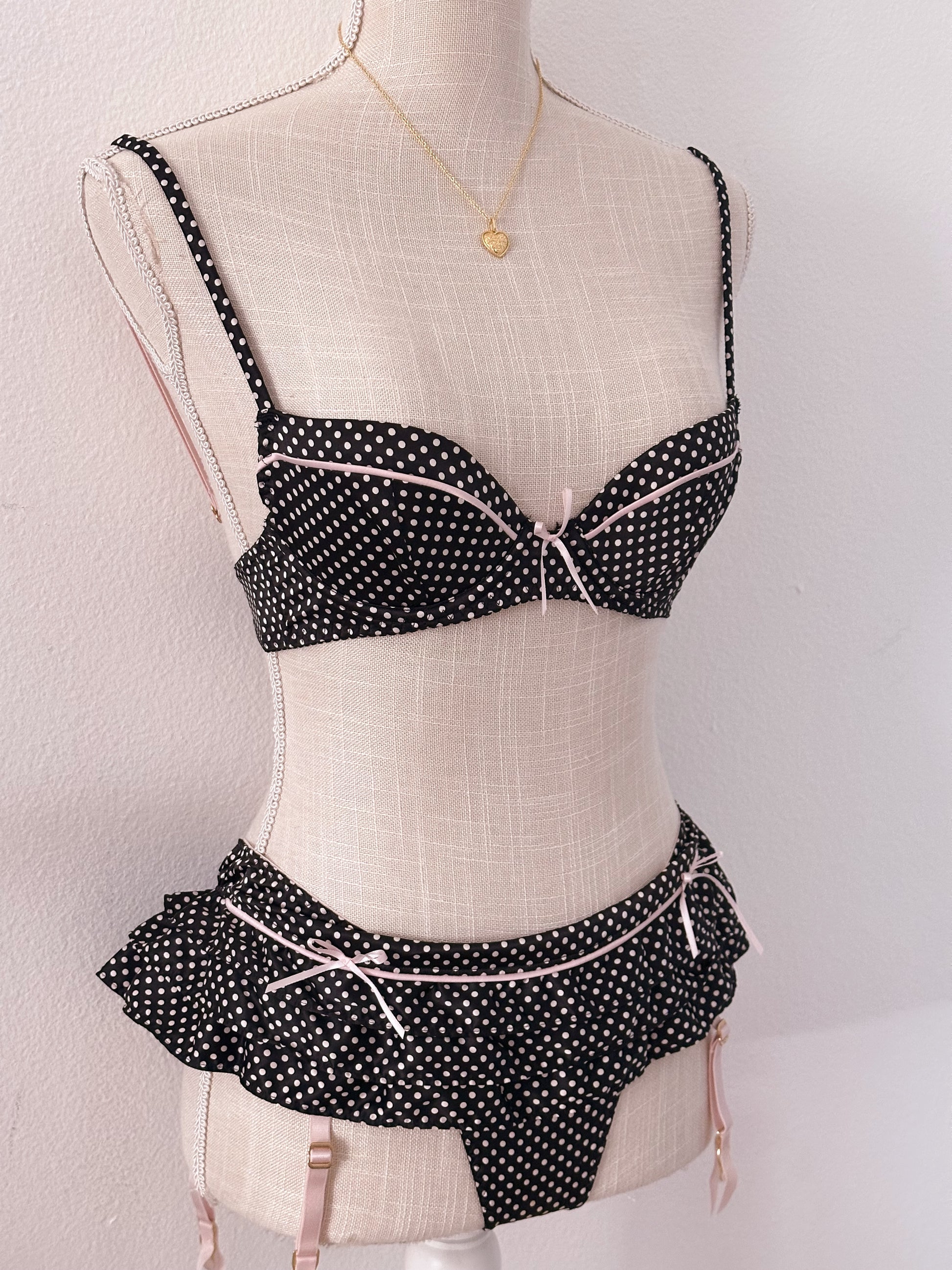 Vintage Victoria's Secret Black and pink polka dot lingerie Set Size: 32 B/ S