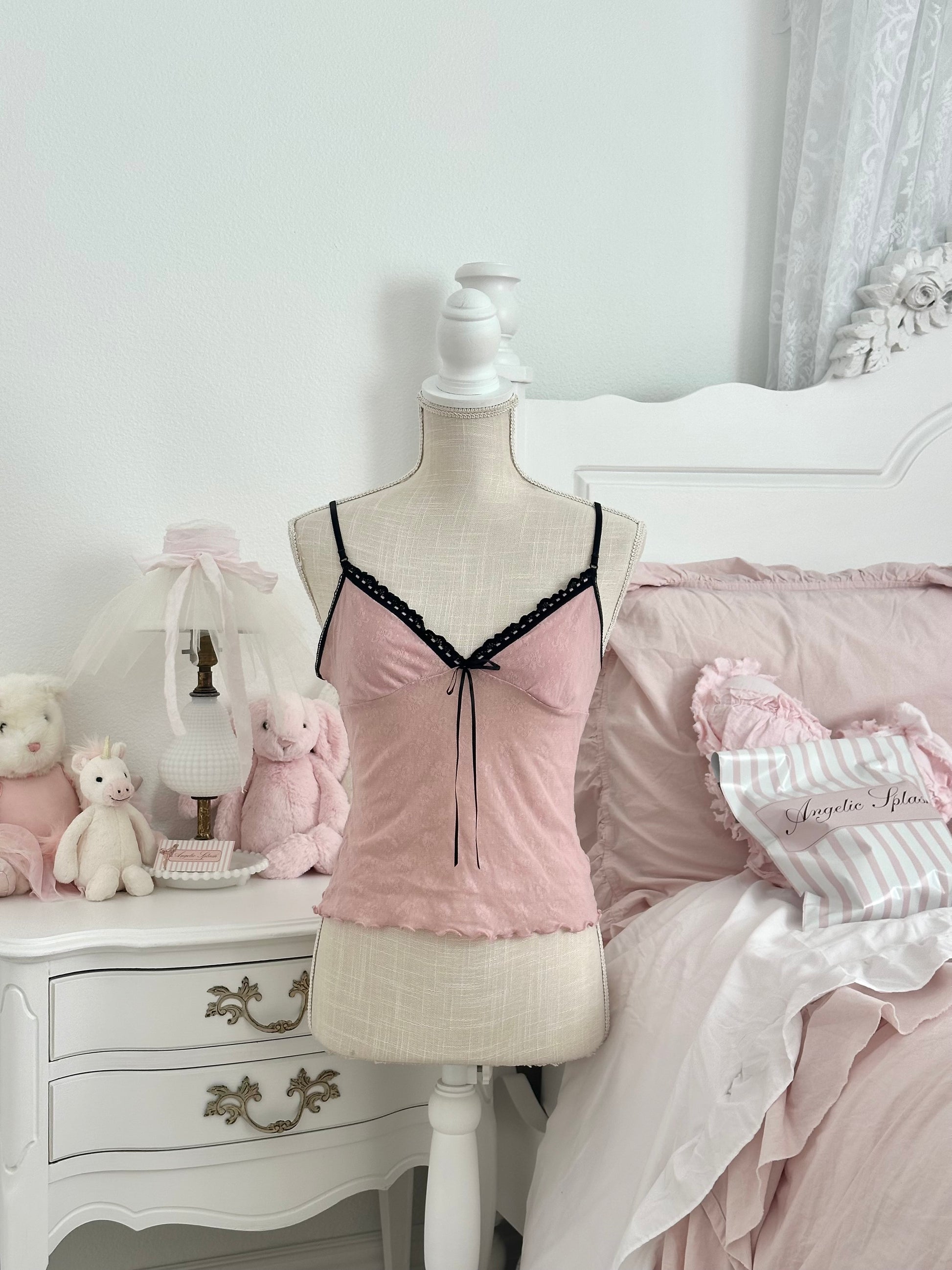 Vintage 2004 Victoria’s Secret Pink Sheer Cami Top with Black Lace Size: M