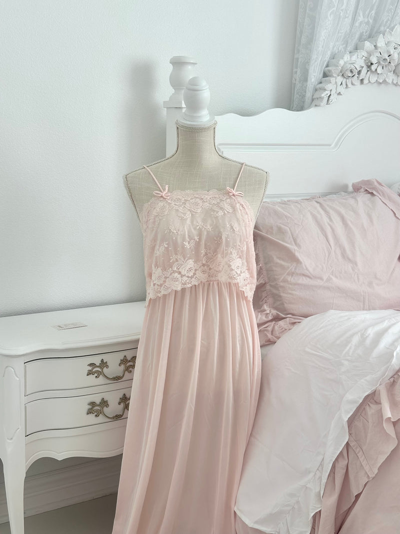 Vintage 1970s Deena Pink Maxi Dress with Lace & Bows Size: L