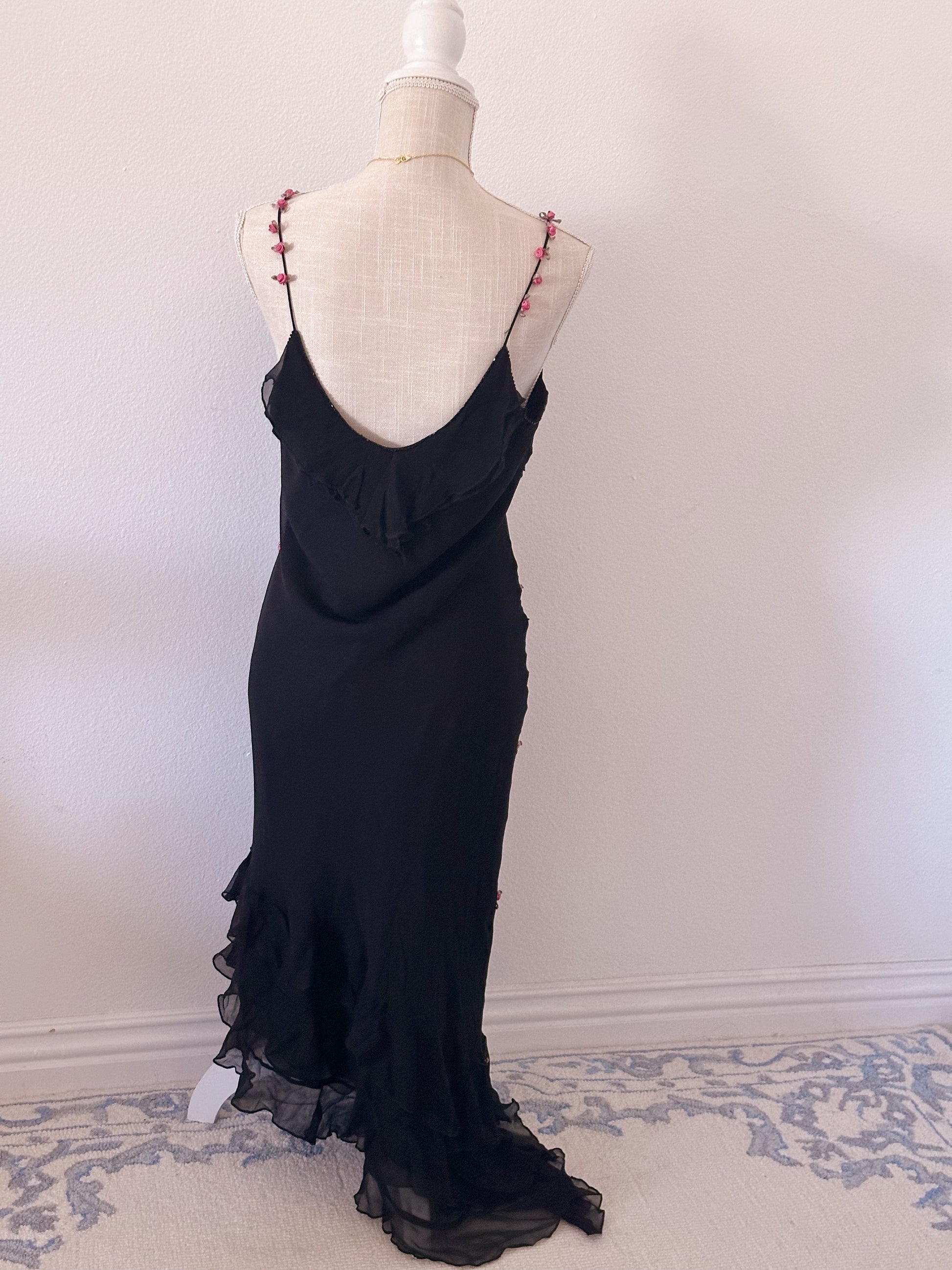 Vintage 90s black ruffle maxi dress with floral details size: 8