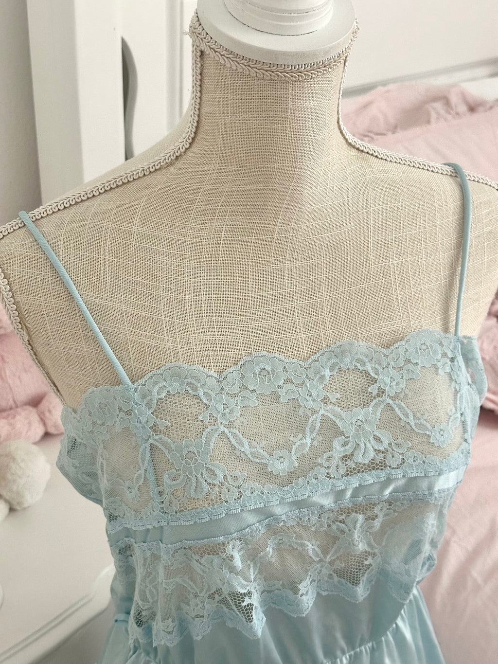 Vintage 1980s Blue Satin & Lace Mini Slip Dress Size: M