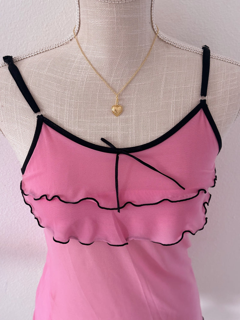 Vintage pink and black trim cami ruffle top size: S