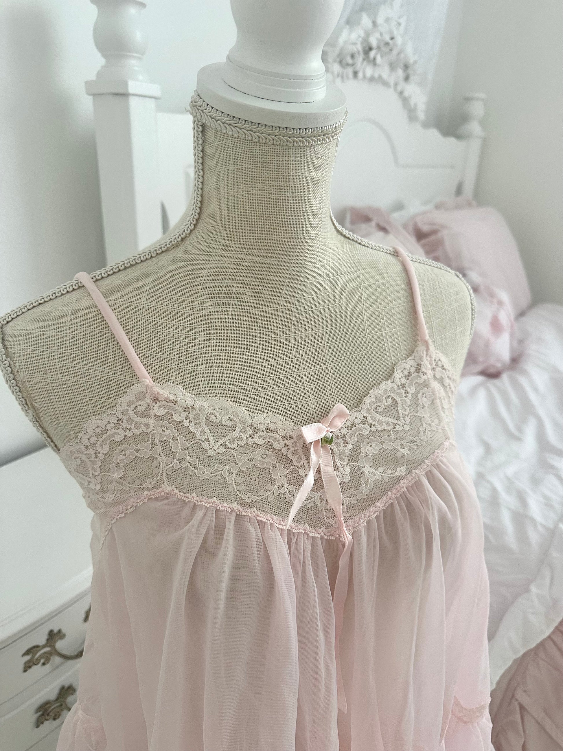 Authentic 1950s Pink Sheer Nylon Babydoll Top Size: S
