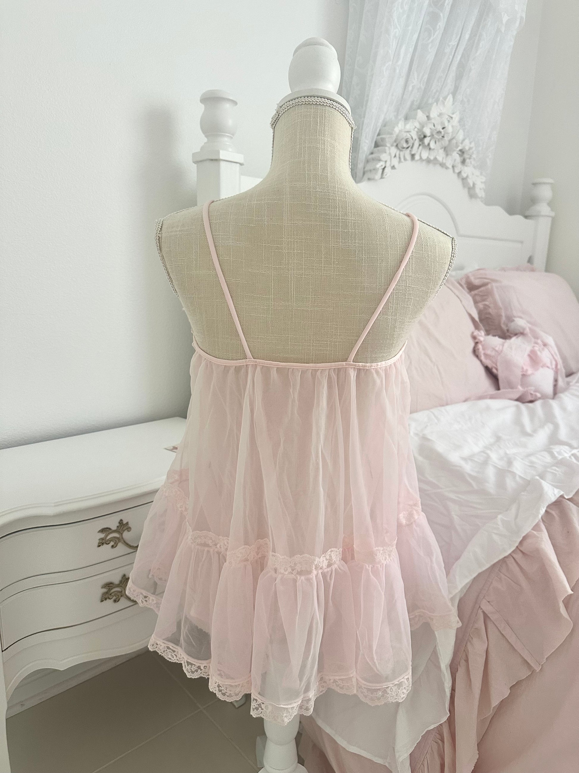 Authentic 1950s Pink Sheer Nylon Babydoll Top Size: S