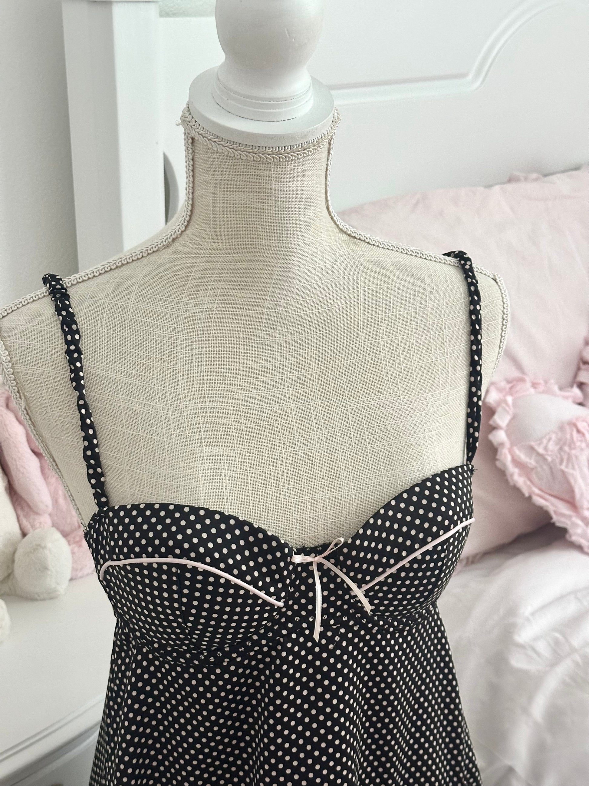 Vintage 2009 Victoria’s Secret Black & Pink Polka Dot Babydoll Set with Thong NWT Size: 34C