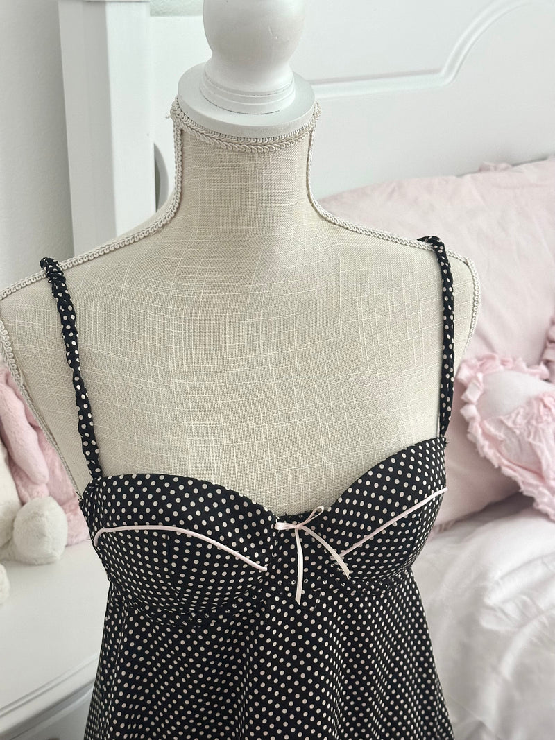 Vintage 2009 Victoria’s Secret Black & Pink Polka Dot Babydoll Set with Thong NWT Size: 34C