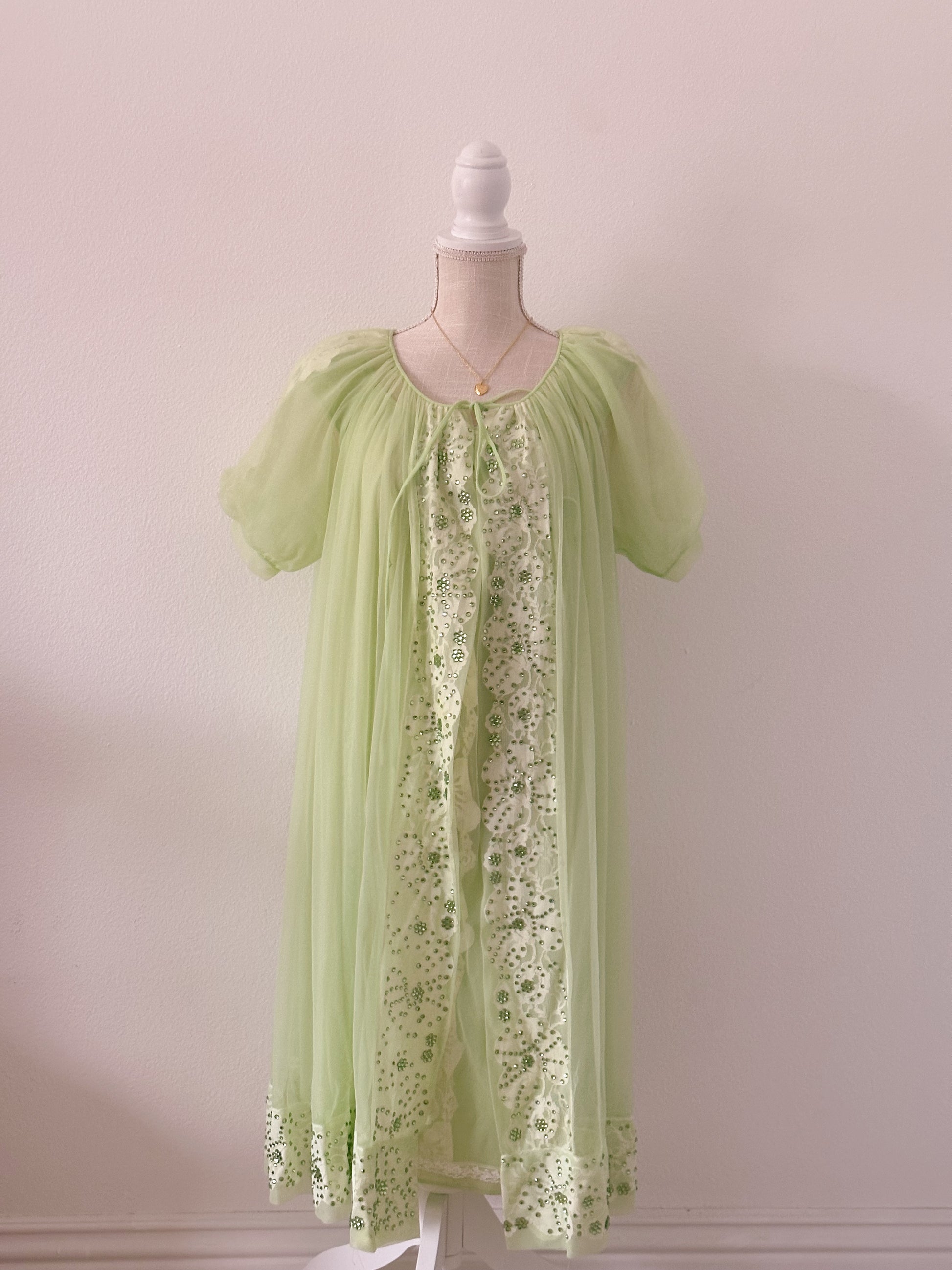 1950's peignoir green robe and slip dress set with puff sleeves