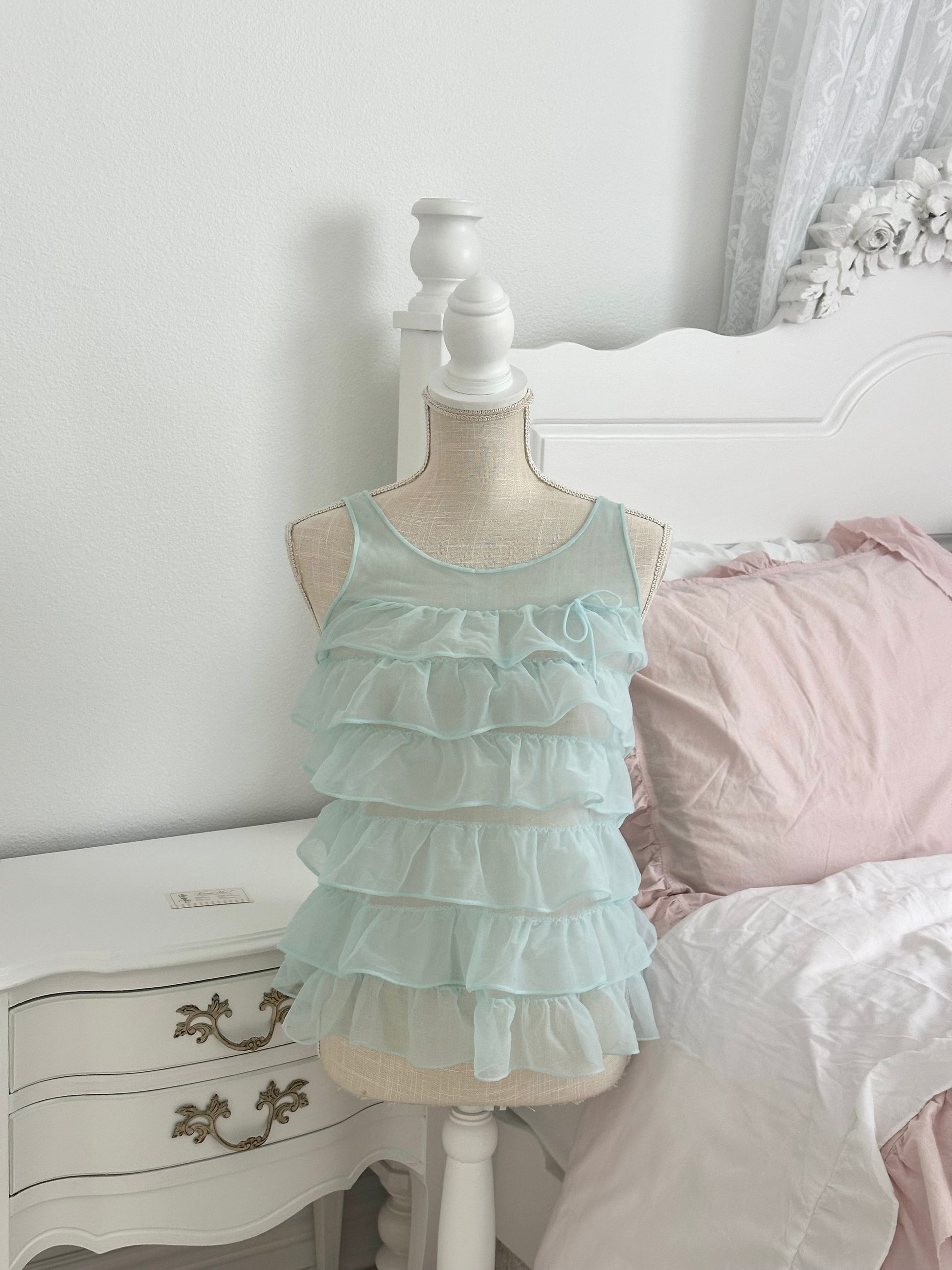 Authentic 1950s Blue Sheer Ruffle Babydoll Top Size: XS/S (Petite)