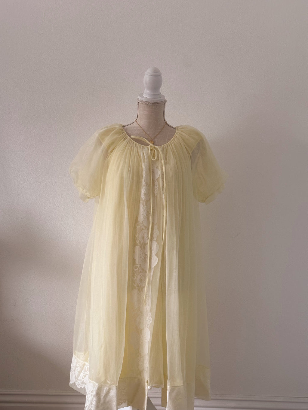 Authentic true vintage 1950's peignoir yellow robe and slip dress set with puff sleeves.