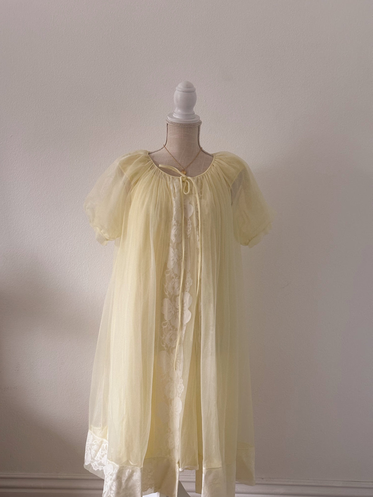 Authentic true vintage 1950's peignoir yellow robe and slip dress set with puff sleeves.