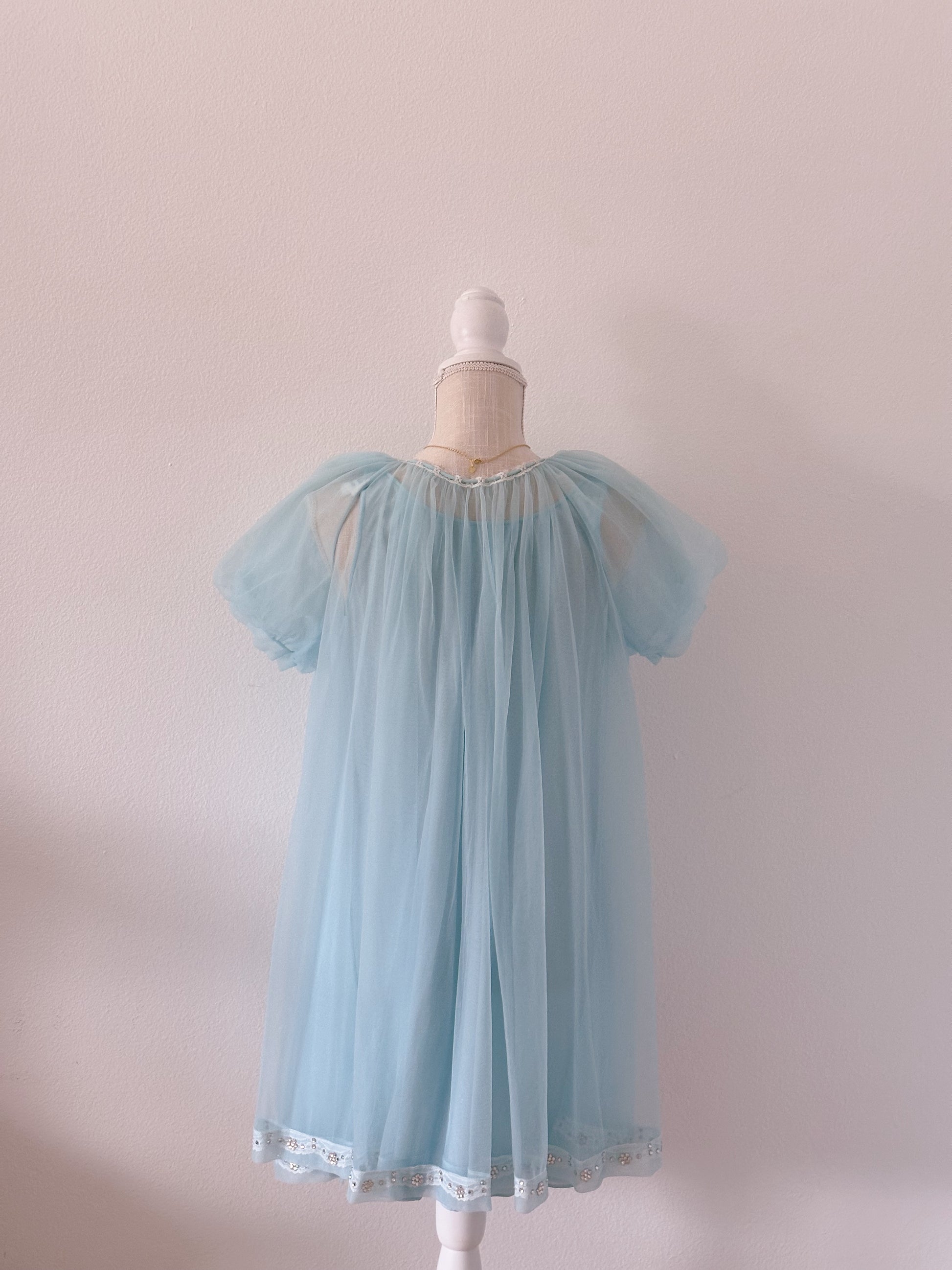 Authentic true vintage 1950's peignoir blue robe and slip dress set with puff sleeves