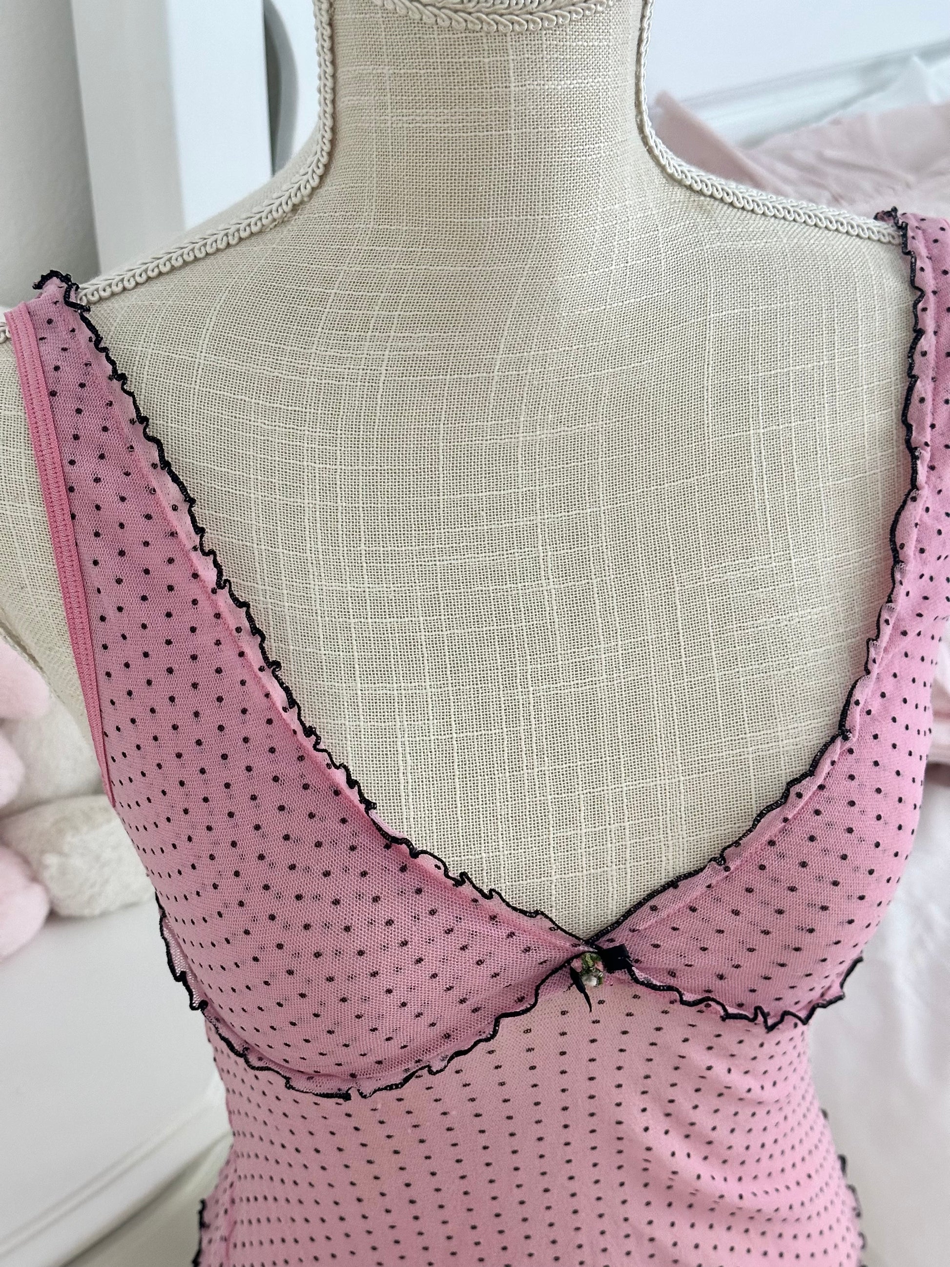 Vintage 2004 VS pink sheer black polka dot cami size S