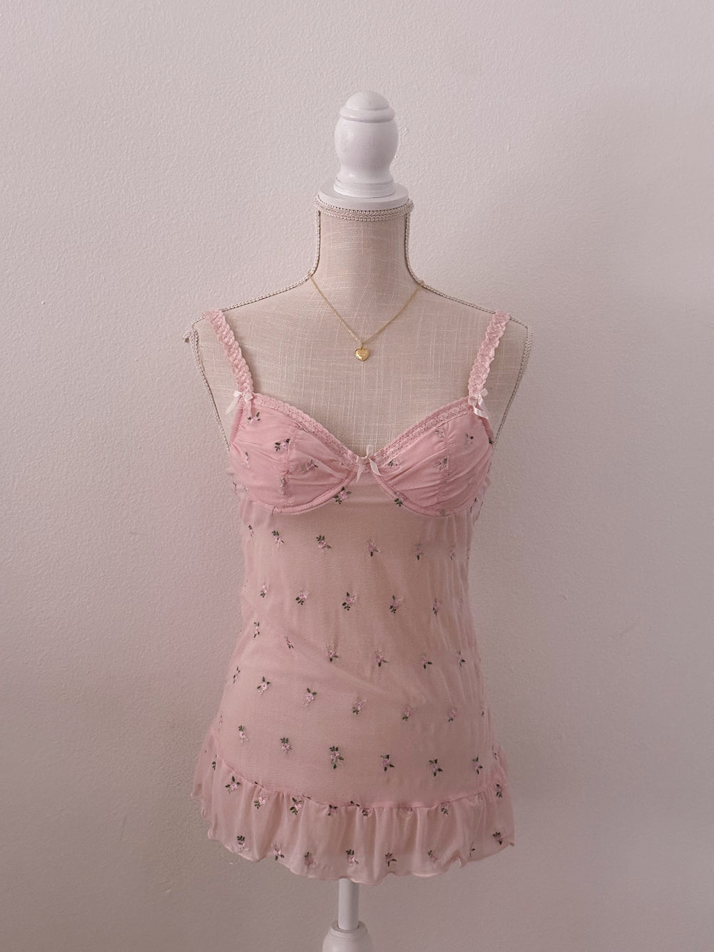 Vintage pink floral babydoll cami bustier top shabby chic