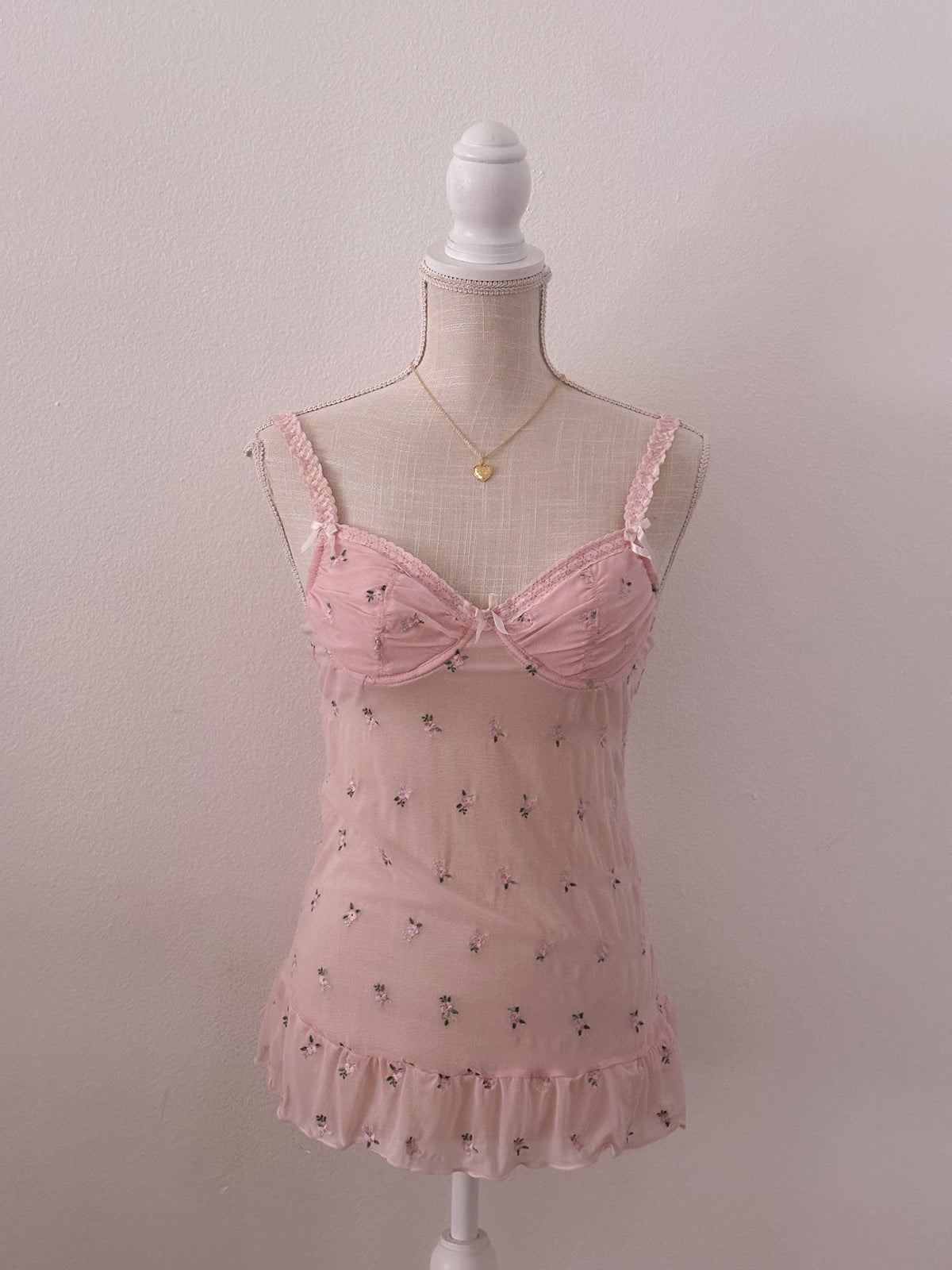 Vintage pink floral babydoll cami bustier top shabby chic