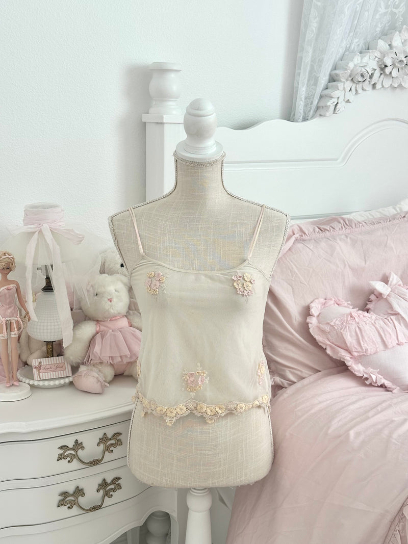 Vintage 2003 Victoria’s Secret Ivory Floral Embroidered Mesh Cami Top Size S