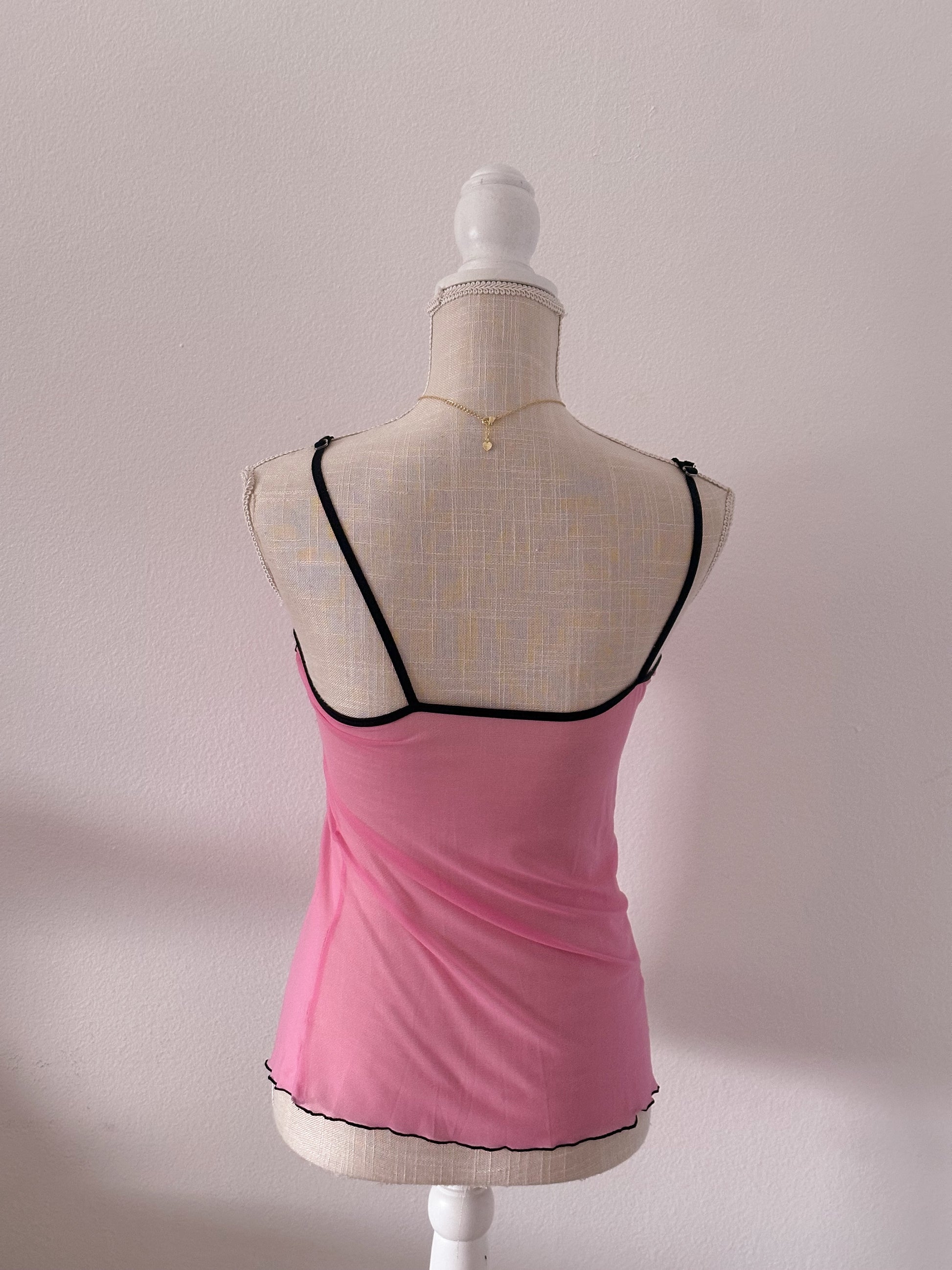 Vintage pink and black trim cami ruffle top size: S