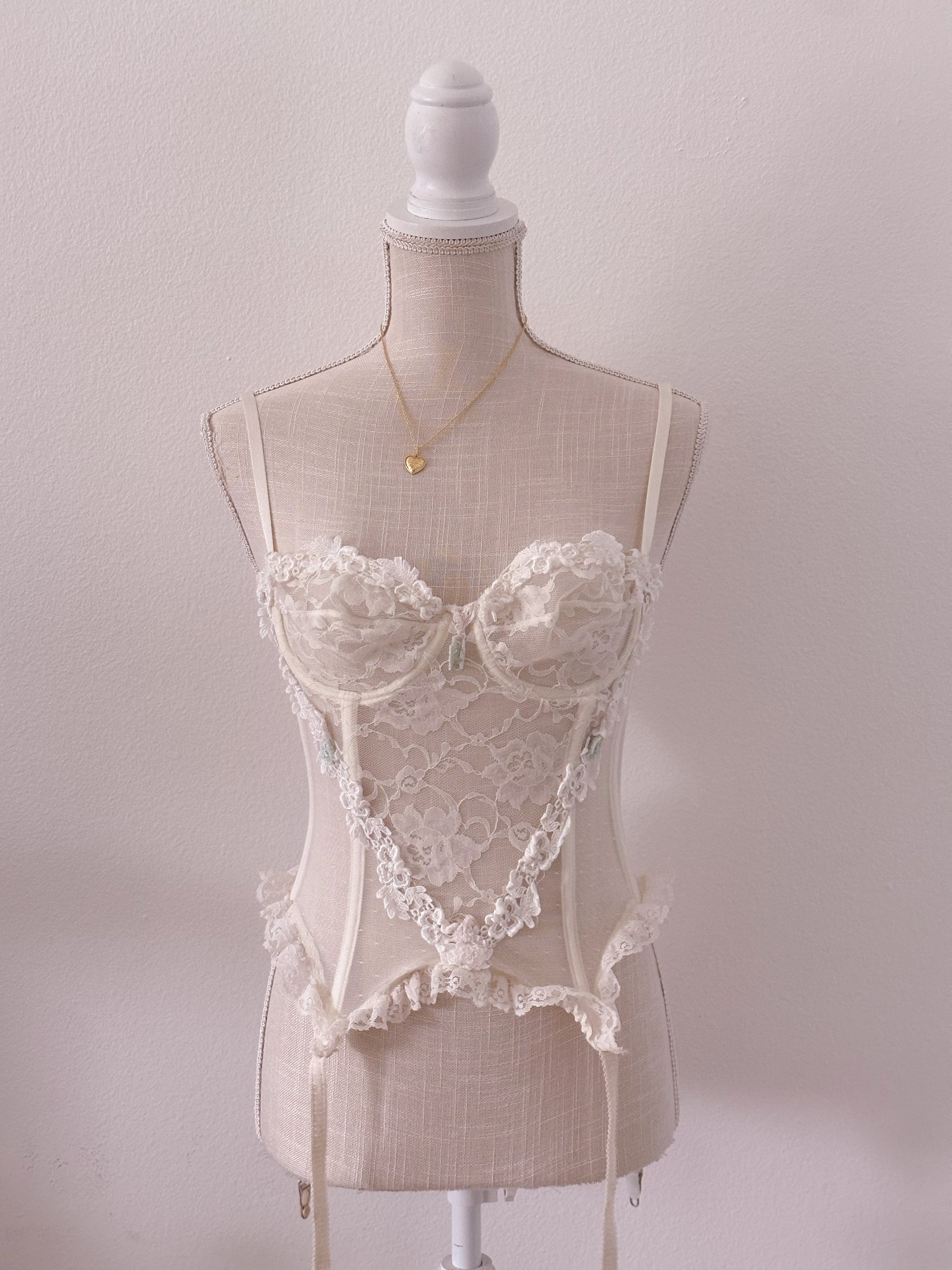 Vintage 1990s white/ cream corset with blue floral details