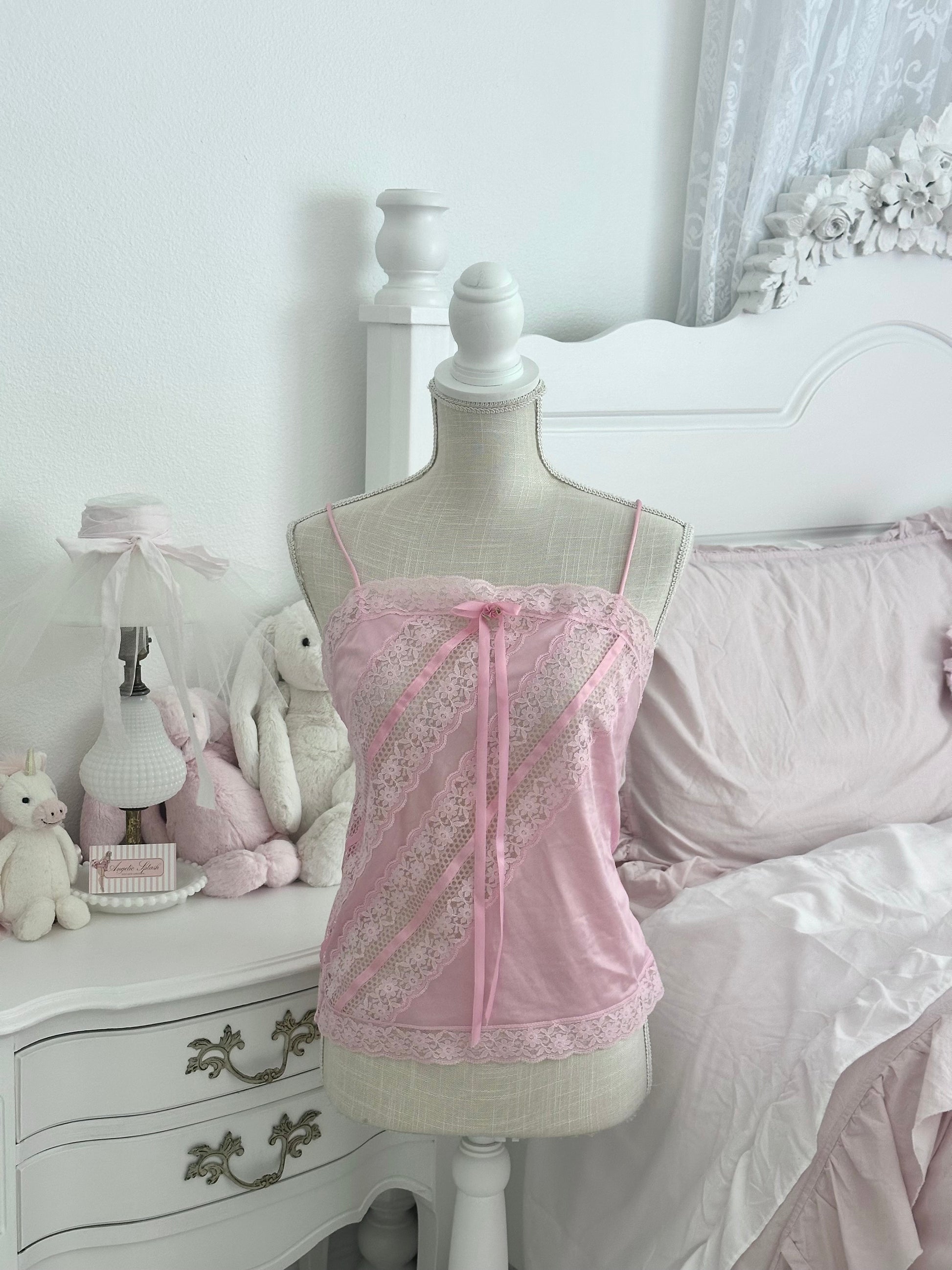 Vintage 1970s Pink Shabby Chic Lace Cami Top Size: S