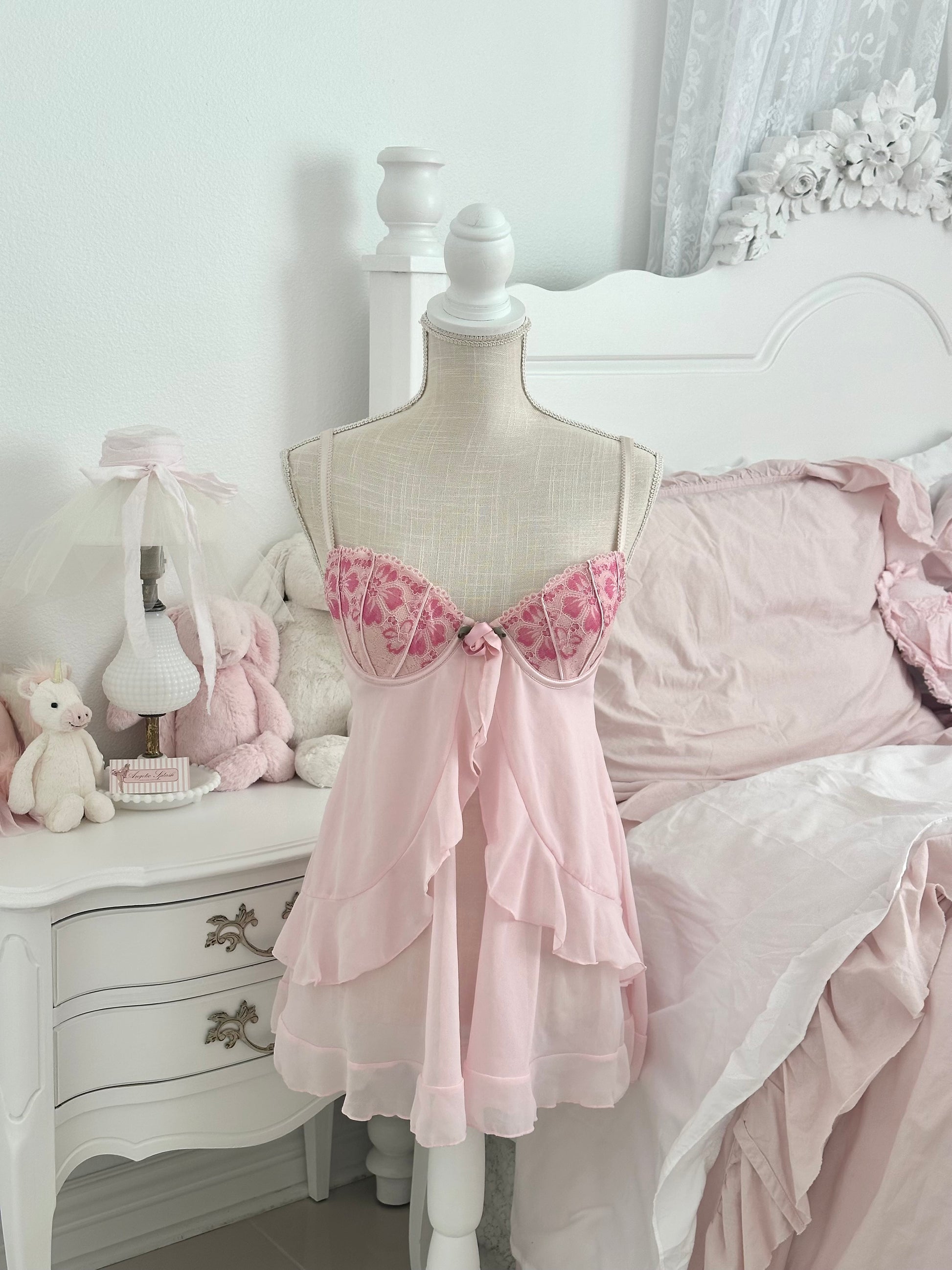 Vintage Y2K Delicates Pink Tiered Floral Slip Dress Size: M