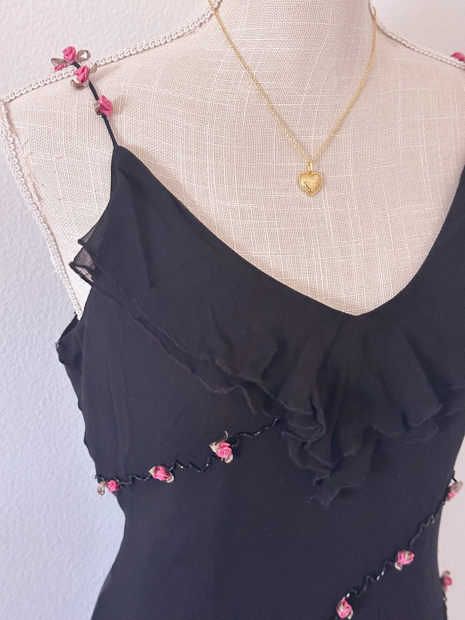 Vintage 90s black ruffle maxi dress with floral details size: 8