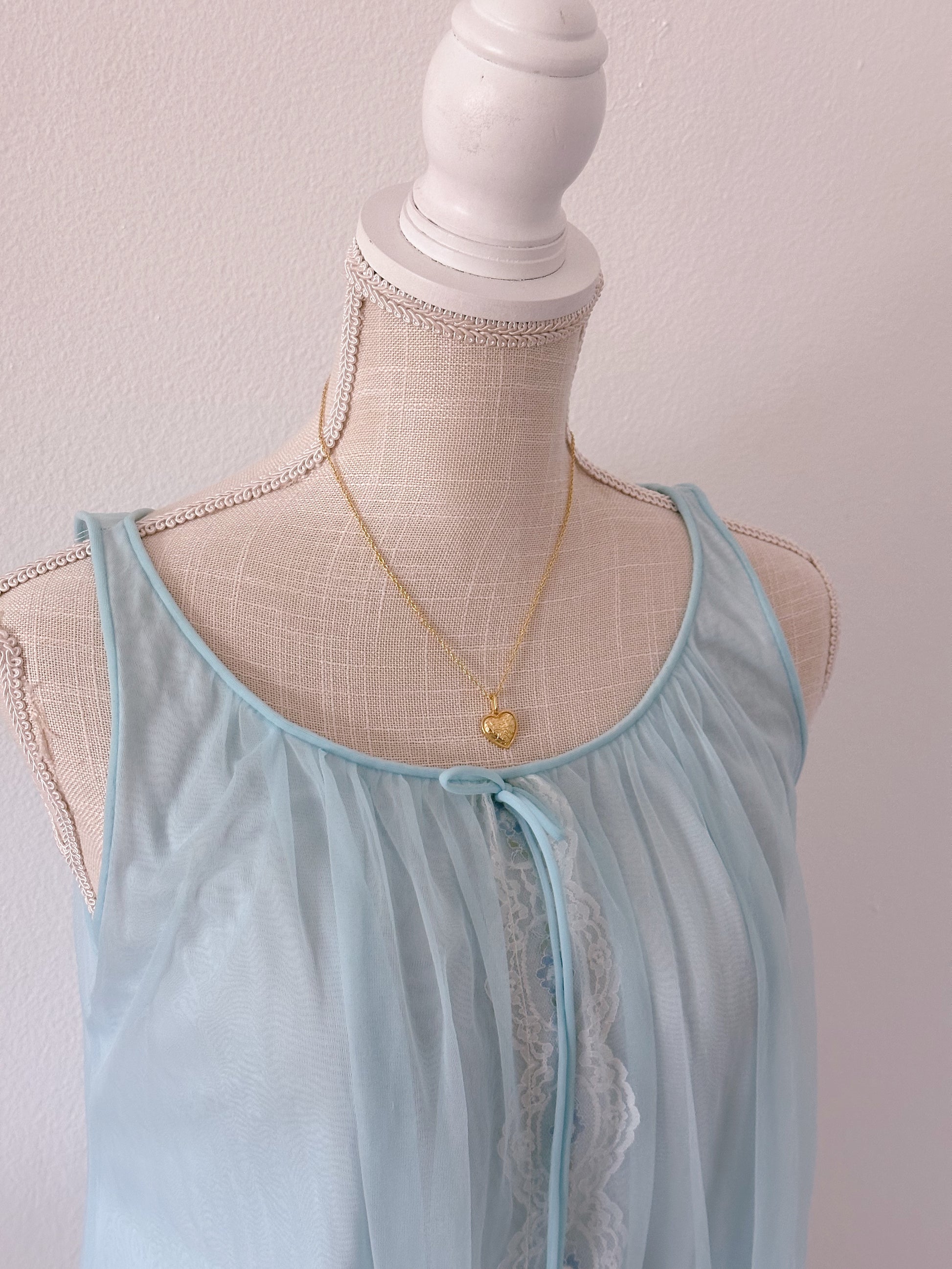 Authentic true vintage 1950's peignoir blue robe and slip dress set with puff sleeves