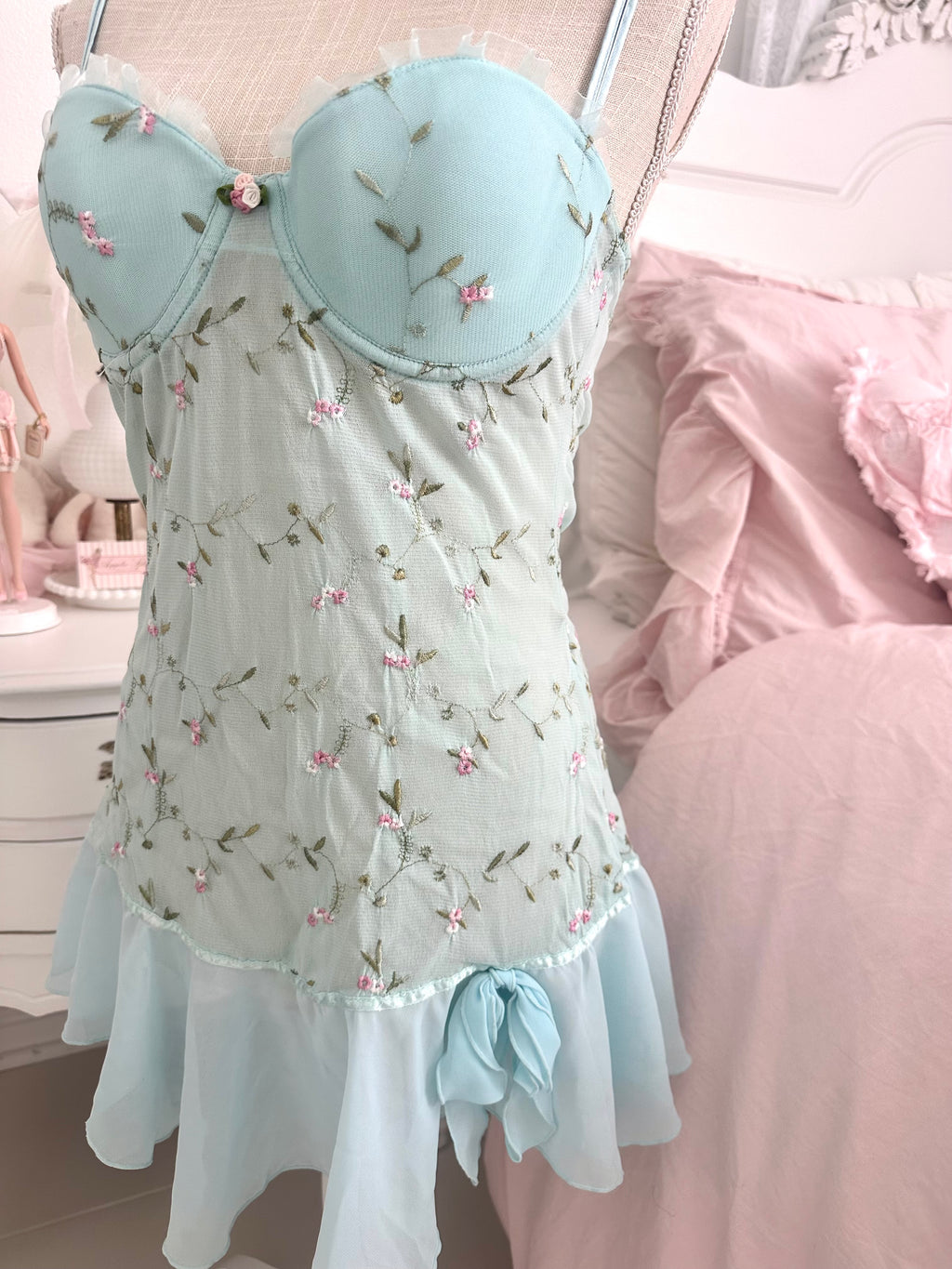 Vintage Teal Floral Embroidered Babydoll Slip Dress Size: M