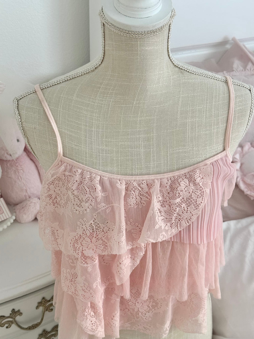 Pink shabby chic Vintage VS ruffle top from 2005 size M with abstract fabrics. Super cute