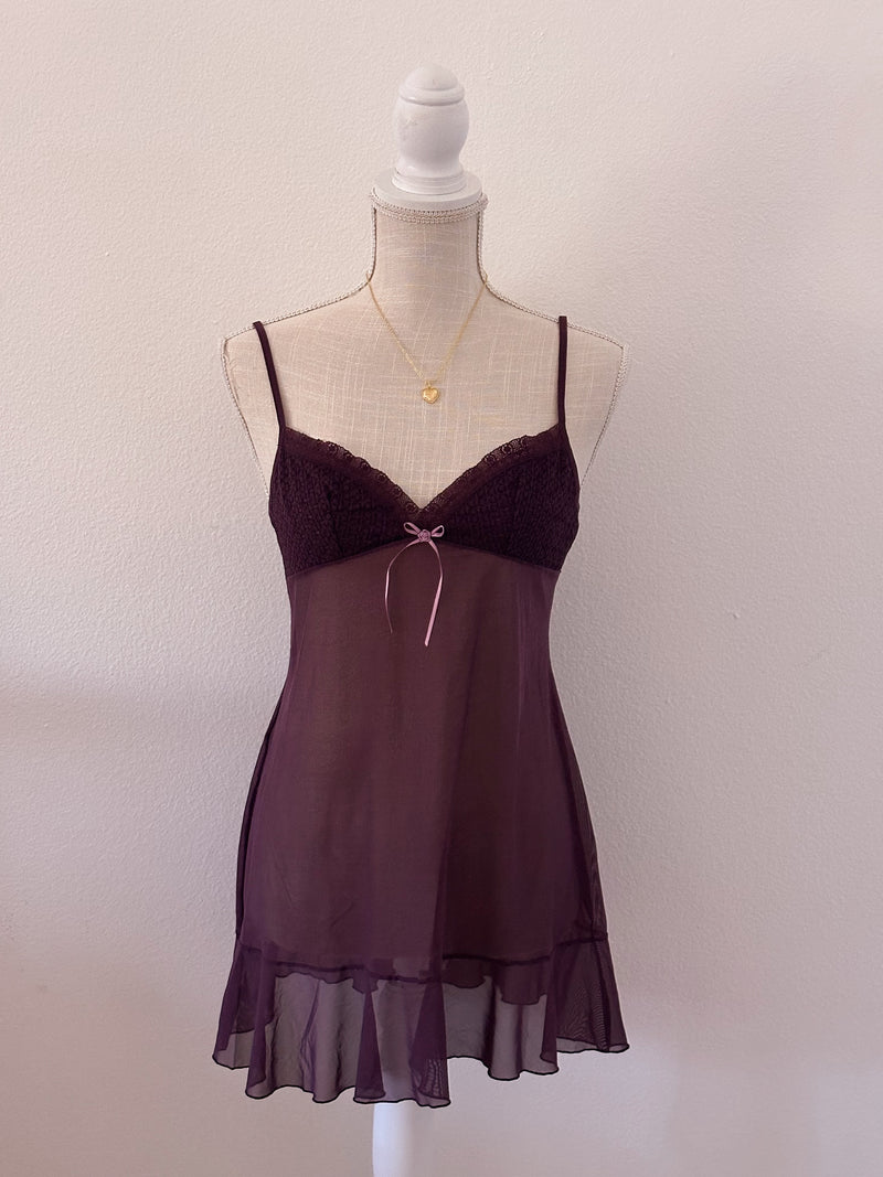 Vintage Victoria's Secret maroon sheer babydoll slip dress size: L