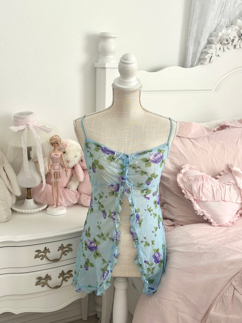 Vintage 2002 Victoria’s Secret Blue Floral Sheer Cami Top Size M