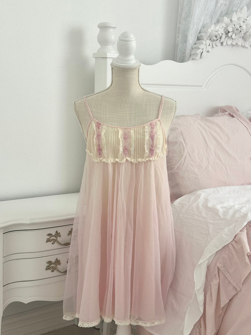 Authentic 1950s Pink Nylon Floral Nightgown & Matching Robe Set Size: S