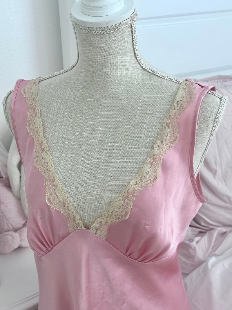 Vintage 2005 Victoria’s Secret Pink Slip Dress with Nude Lace Trim Size: M
