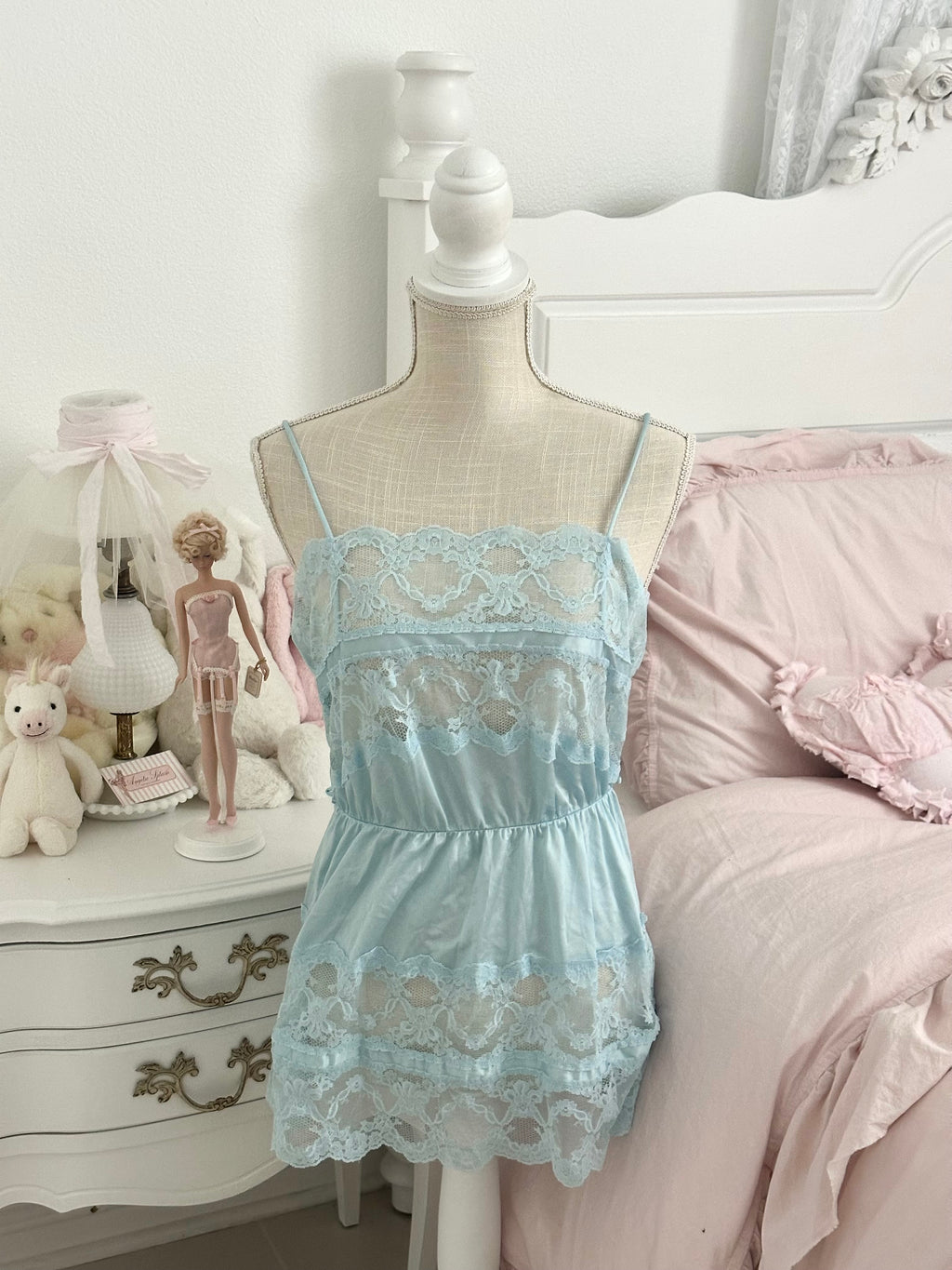 Vintage 1980s Blue Satin & Lace Mini Slip Dress Size: M