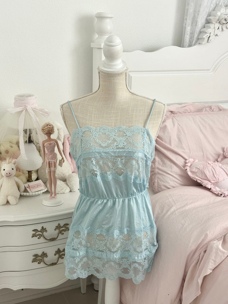 Vintage 1980s Blue Satin & Lace Mini Slip Dress Size: M