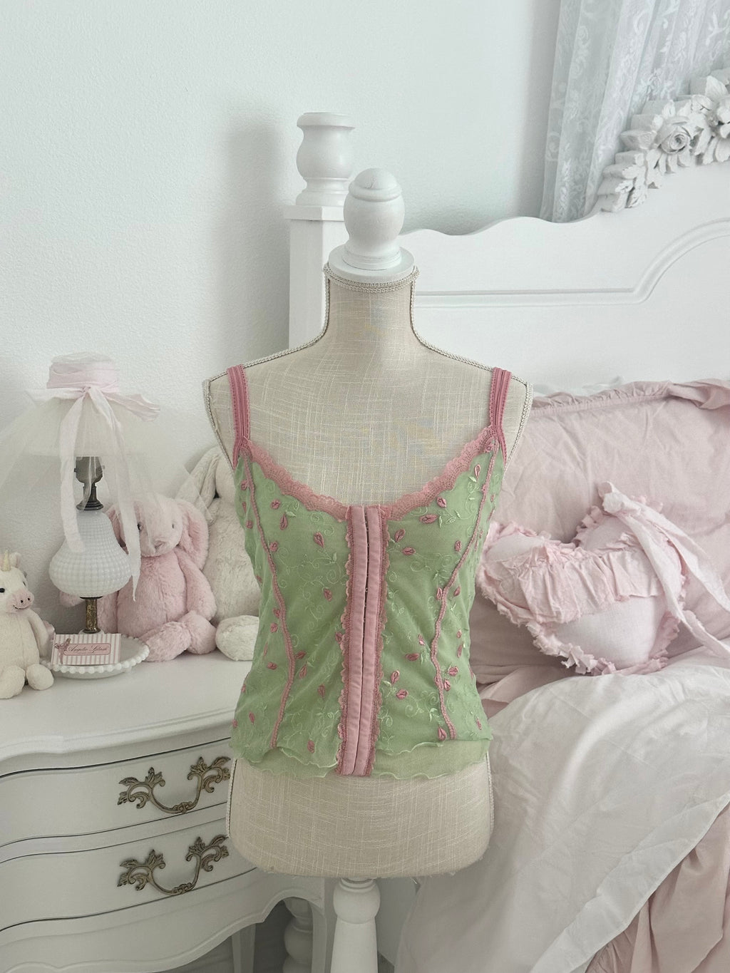 Vintage Y2K Rampage Pink & Green Sheer Corset Top Size: L (Fits M)