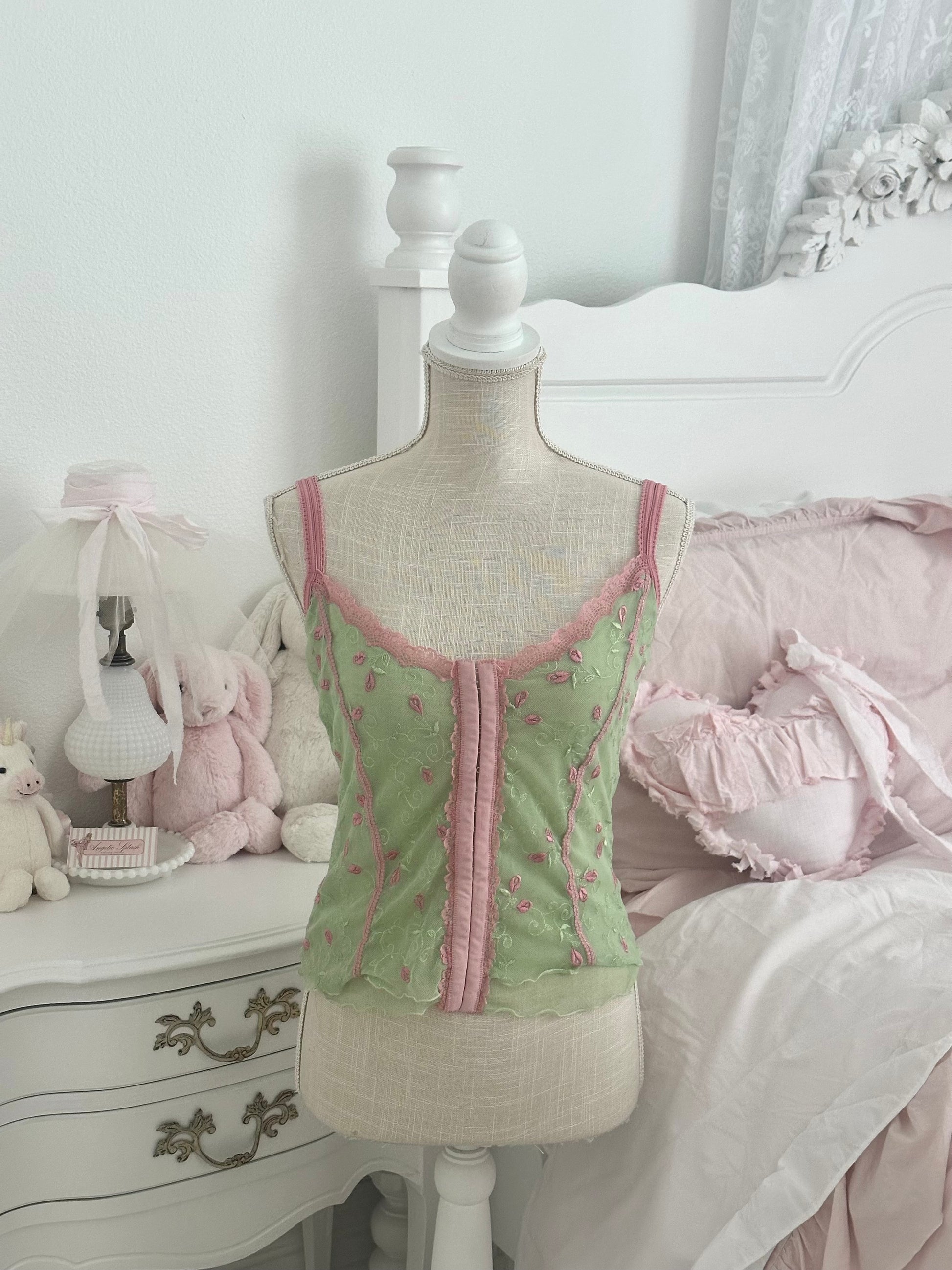 Vintage Y2K Rampage Pink & Green Sheer Corset Top Size: L (Fits M)