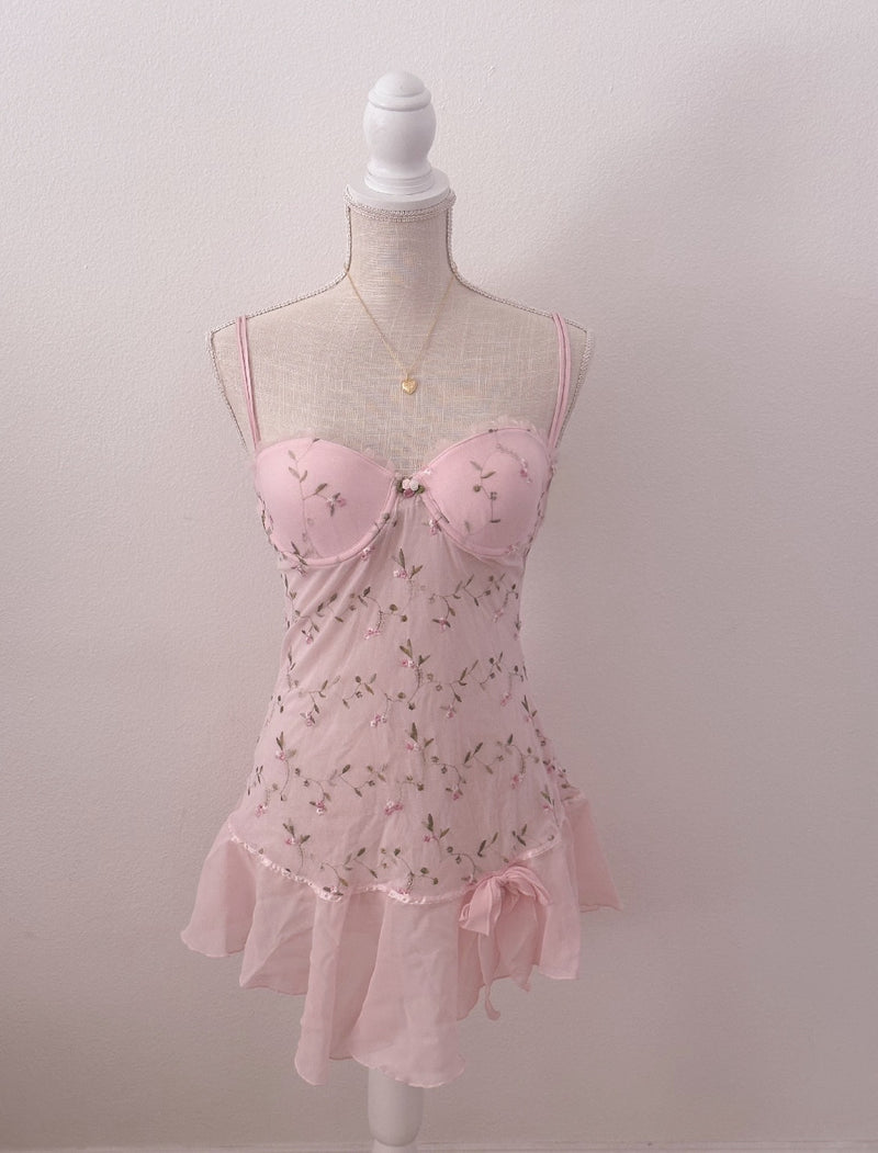 Vintage pink shabby chic floral Babydoll slip dress size: S