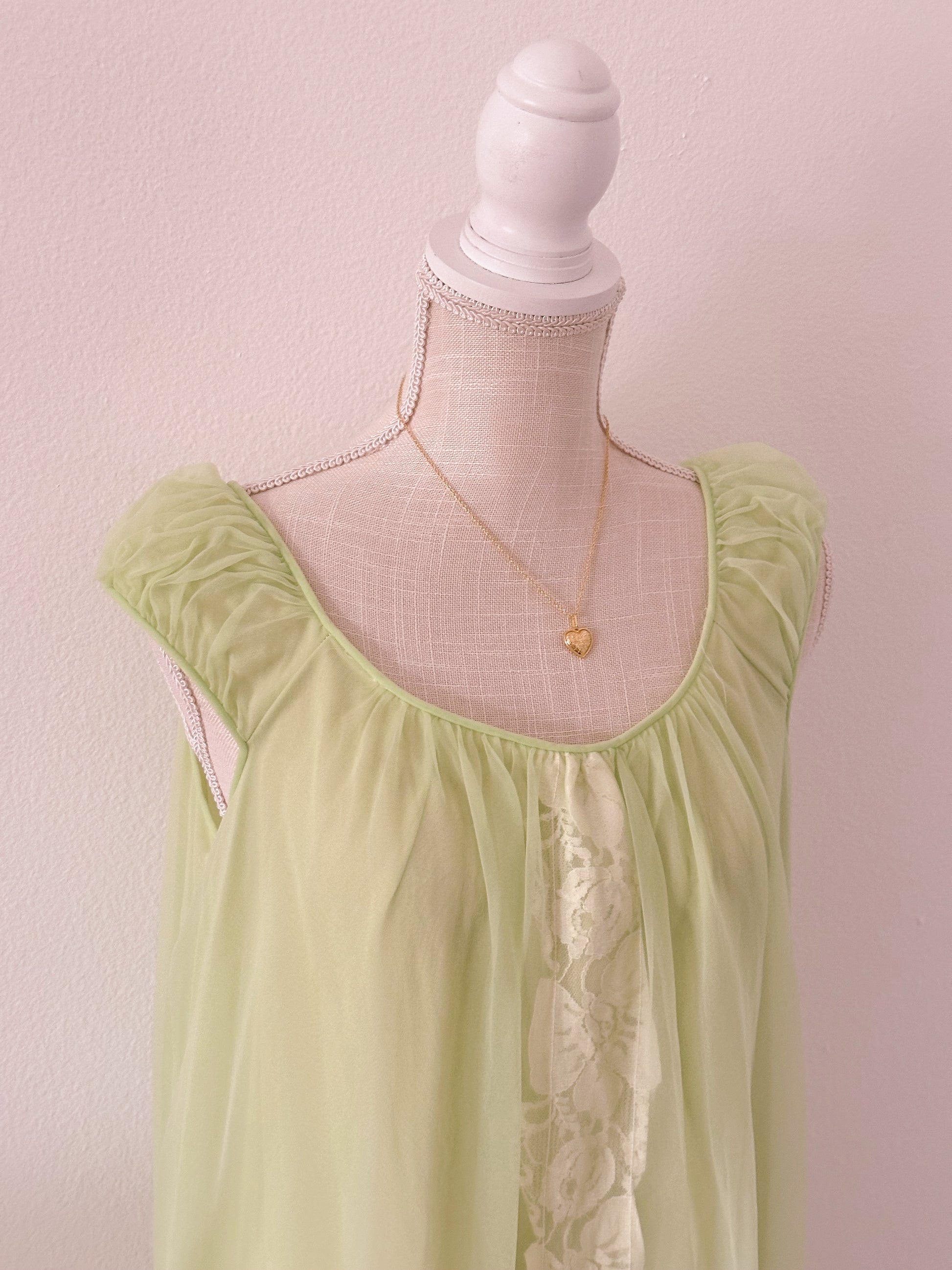 1950's peignoir green robe and slip dress set with puff sleeves