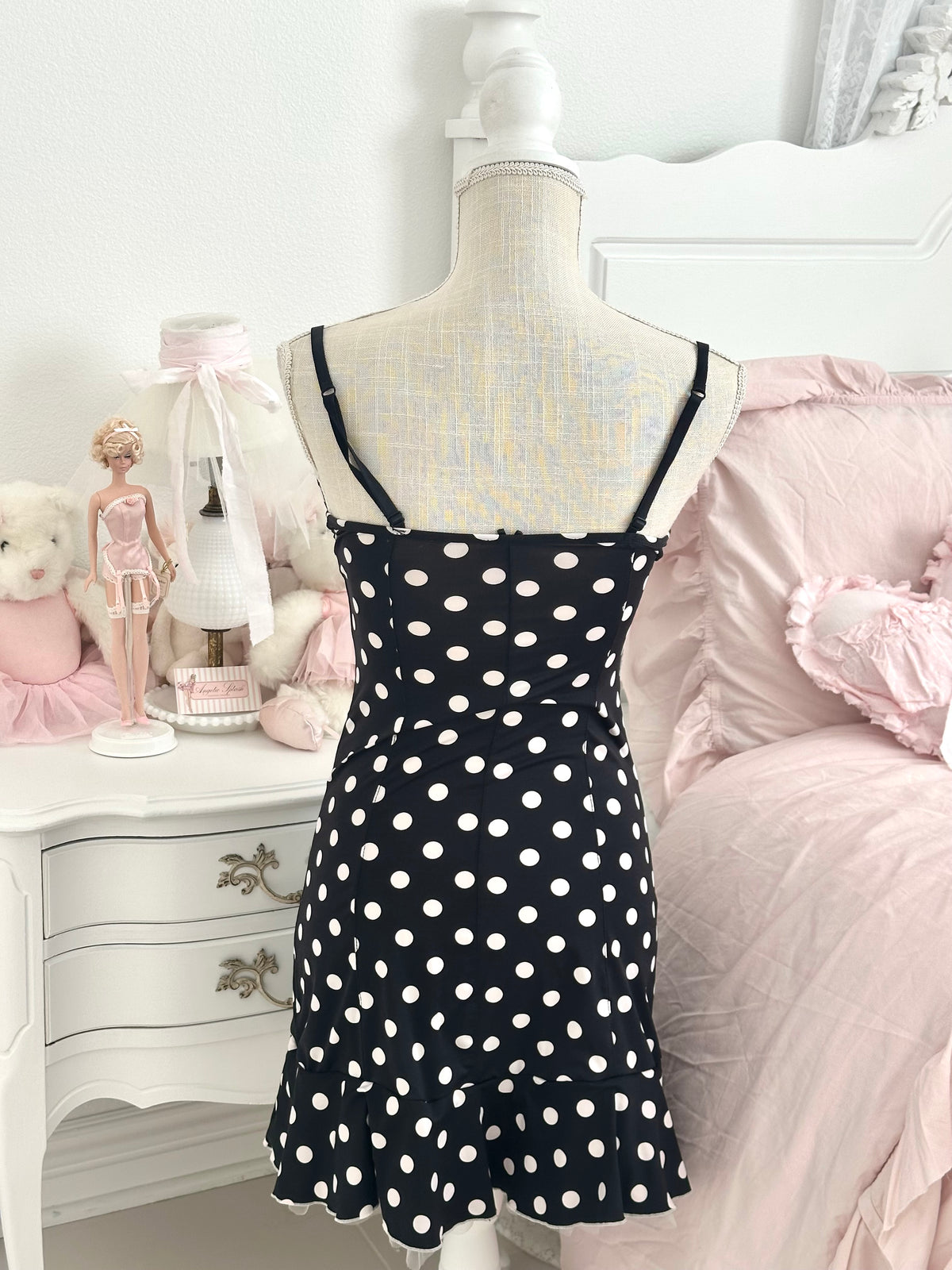Vintage 2007 Victoria’s Secret Black & White Polka Dot Babydoll Slip Dress 36C