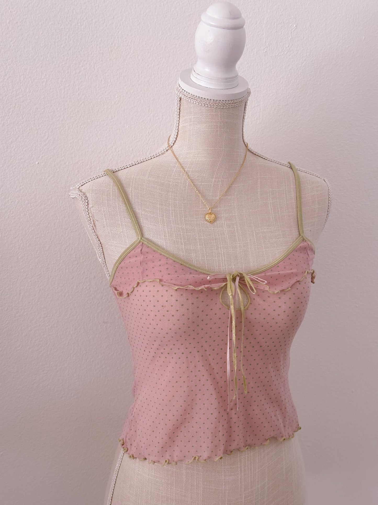 Vintage pink and green sheer cami polka dot top