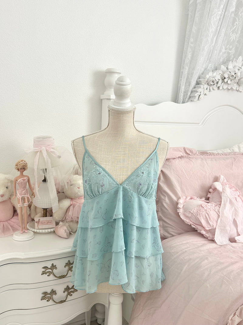 Vintage 2004 Victoria’s Secret Blue Butterfly Ruffle Cami Top Size L
