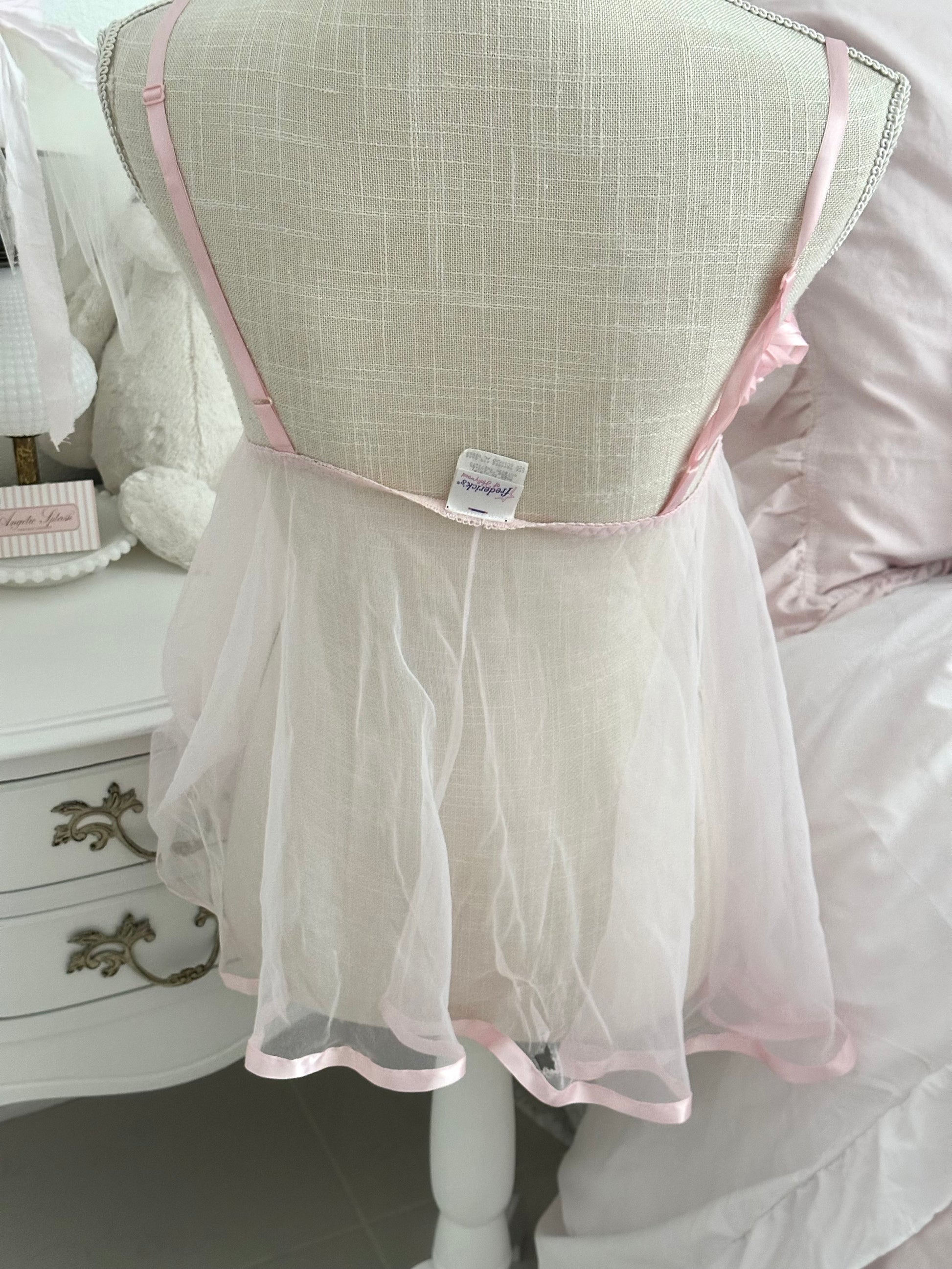 Vintage 1990s Frederick’s of Hollywood Pink Ruffle Sheer Babydoll Top Size: M