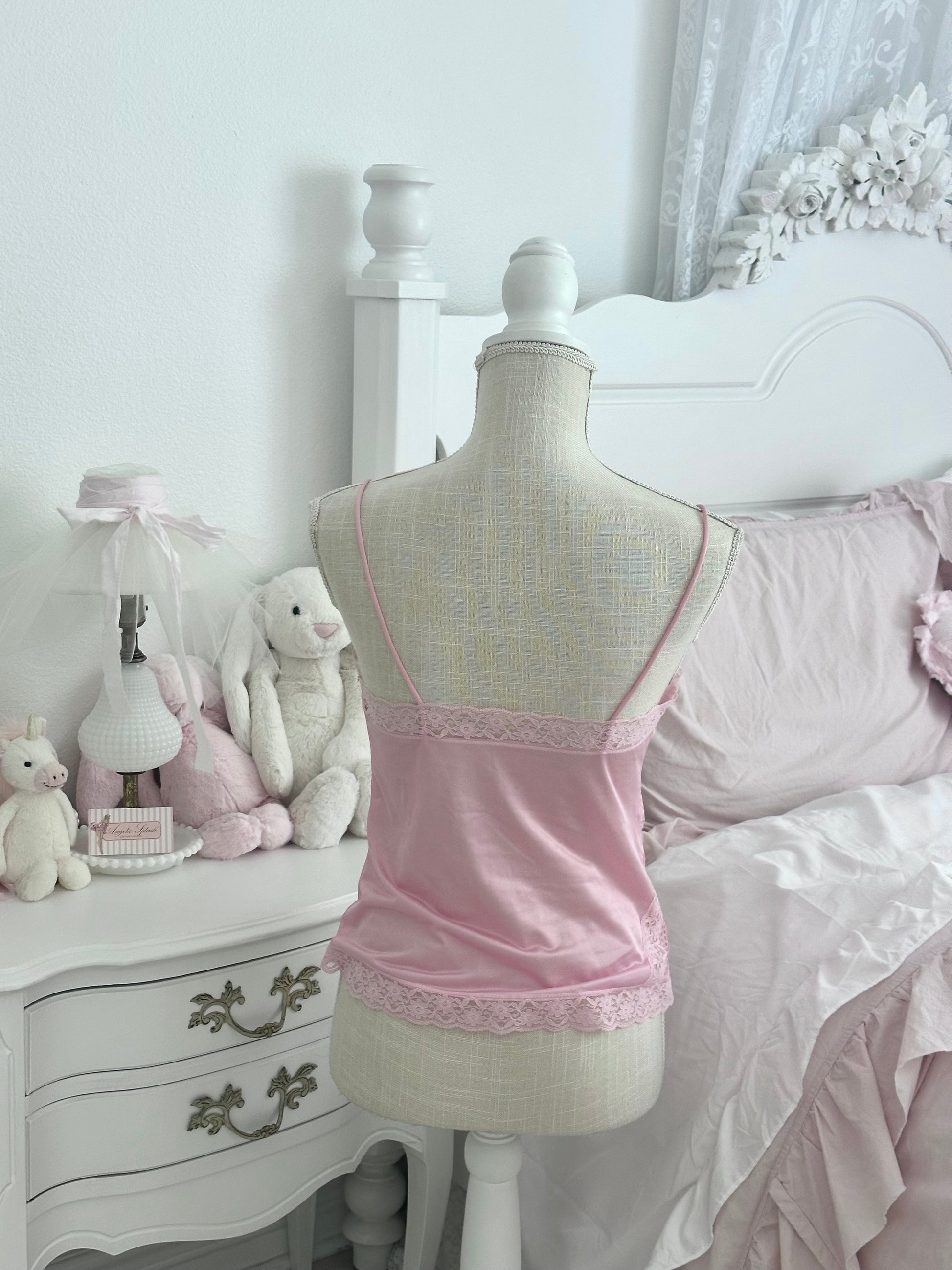 Vintage 1970s Pink Shabby Chic Lace Cami Top Size: S